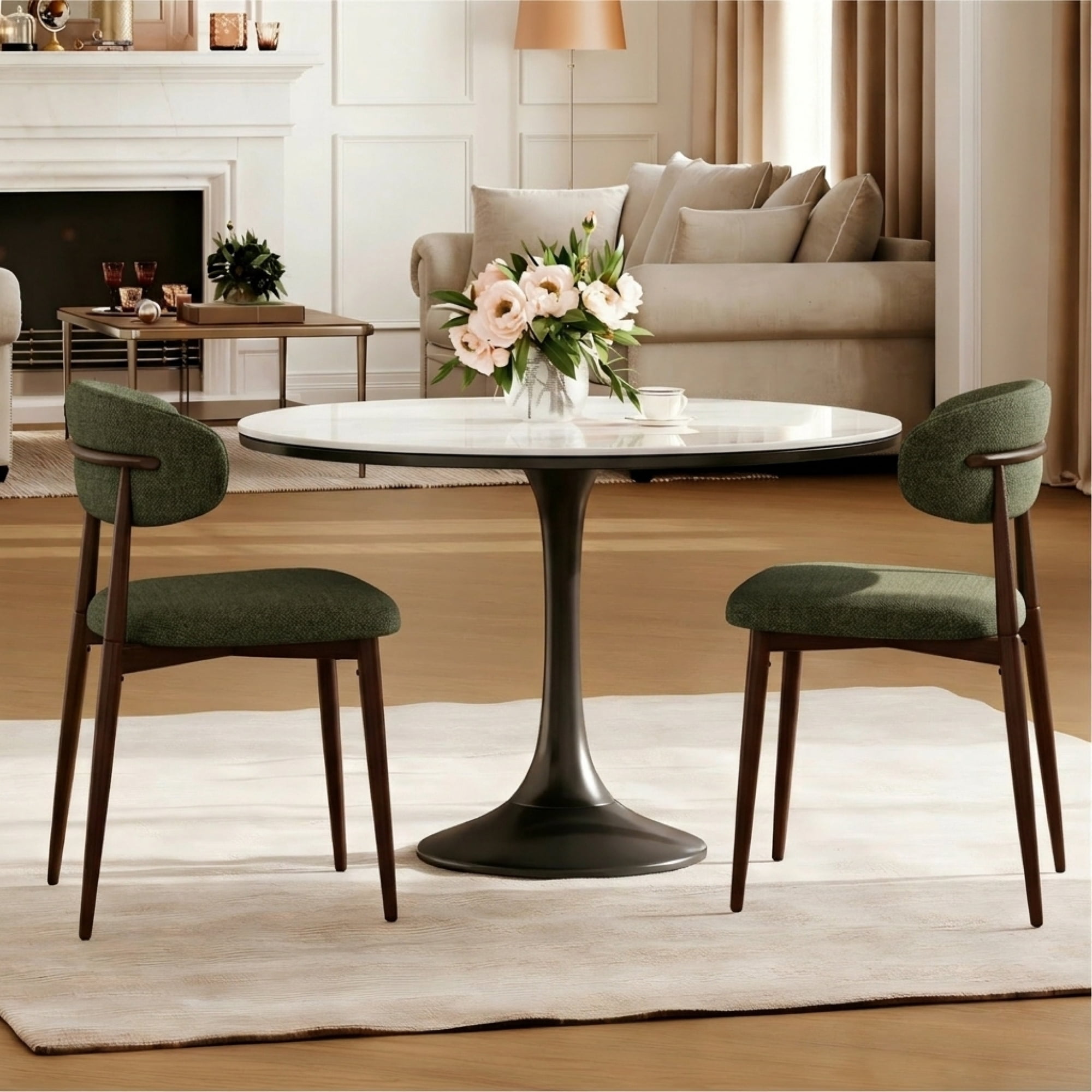 Leumius Dining Chairs Set of 2,Upholstered Dining Chairs with Curved Backrest, Modern Kitchen & Dining Room Chairs with Metal Leg for Dining Room, Restaurant,Walnut+Green
