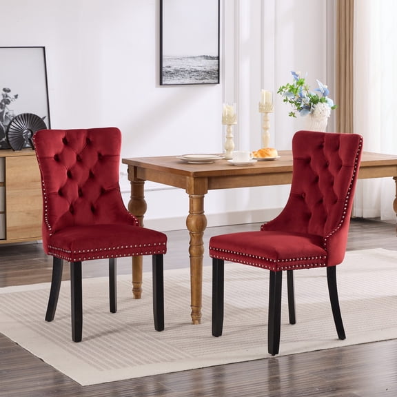 Leumius Dining Chairs Set of 2, Velvet Upholstered Kitchen Side Chairs with Ring Pull Trim and Button Back, Solid Wood Luxury Dining Room Chair for Living Room, Bedroom, Kitchen, Burgundy