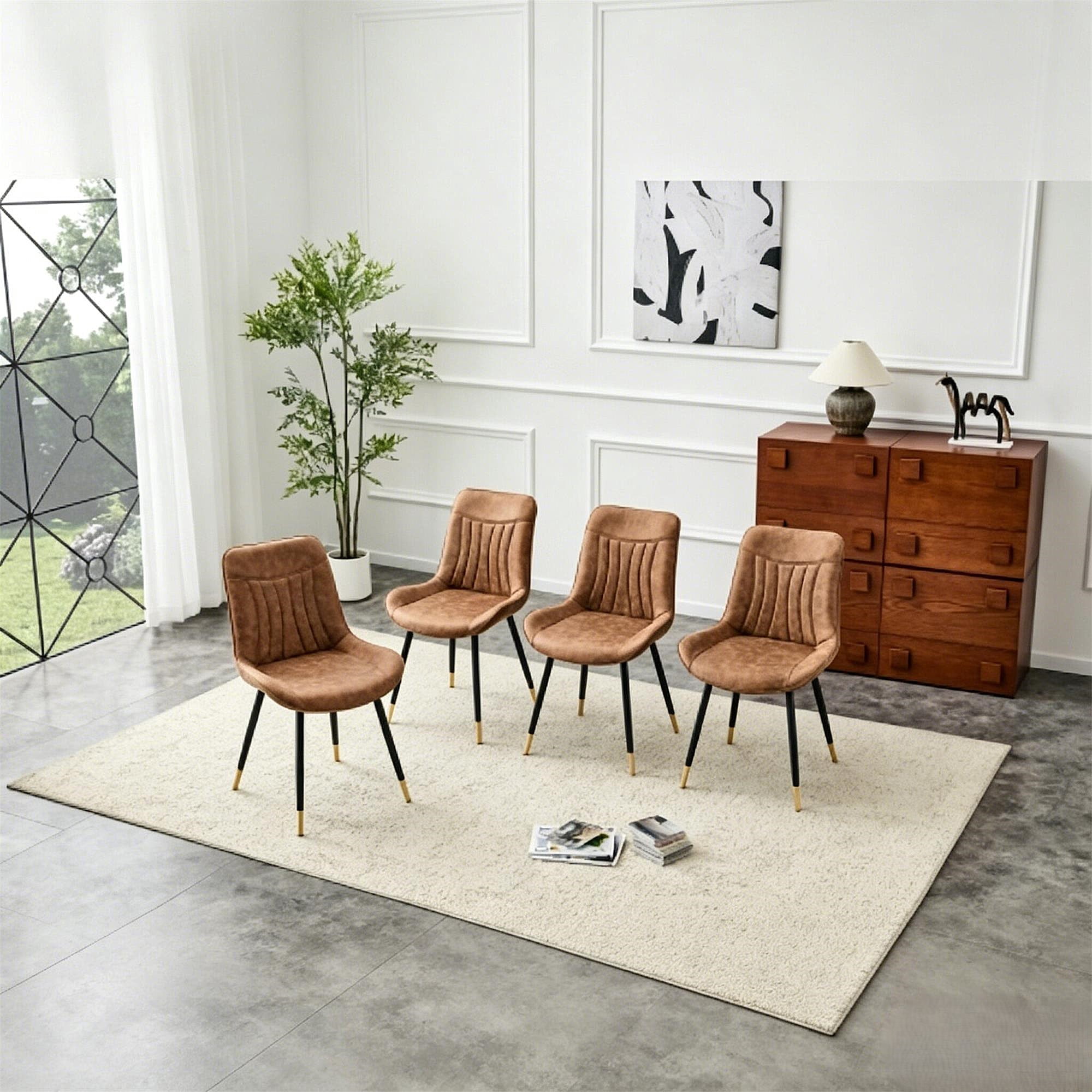 Leumius Dining Chairs Set of 4, Tech Fabric Upholstered Dining Chairs with Semi-Gloss Black Metal Legs, Gold-Trimmed Adjustable Non-Slip Feet, Vertical-Stitched High Back for Dining Room Brown