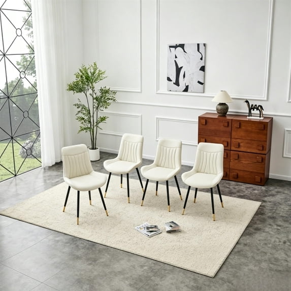 Leumius Dining Chairs Set of 4, Tech Fabric Upholstered Dining Chairs with Semi-Gloss Black Metal Legs, Gold-Trimmed Adjustable Non-Slip Feet, Vertical-Stitched High Back for Dining Room White
