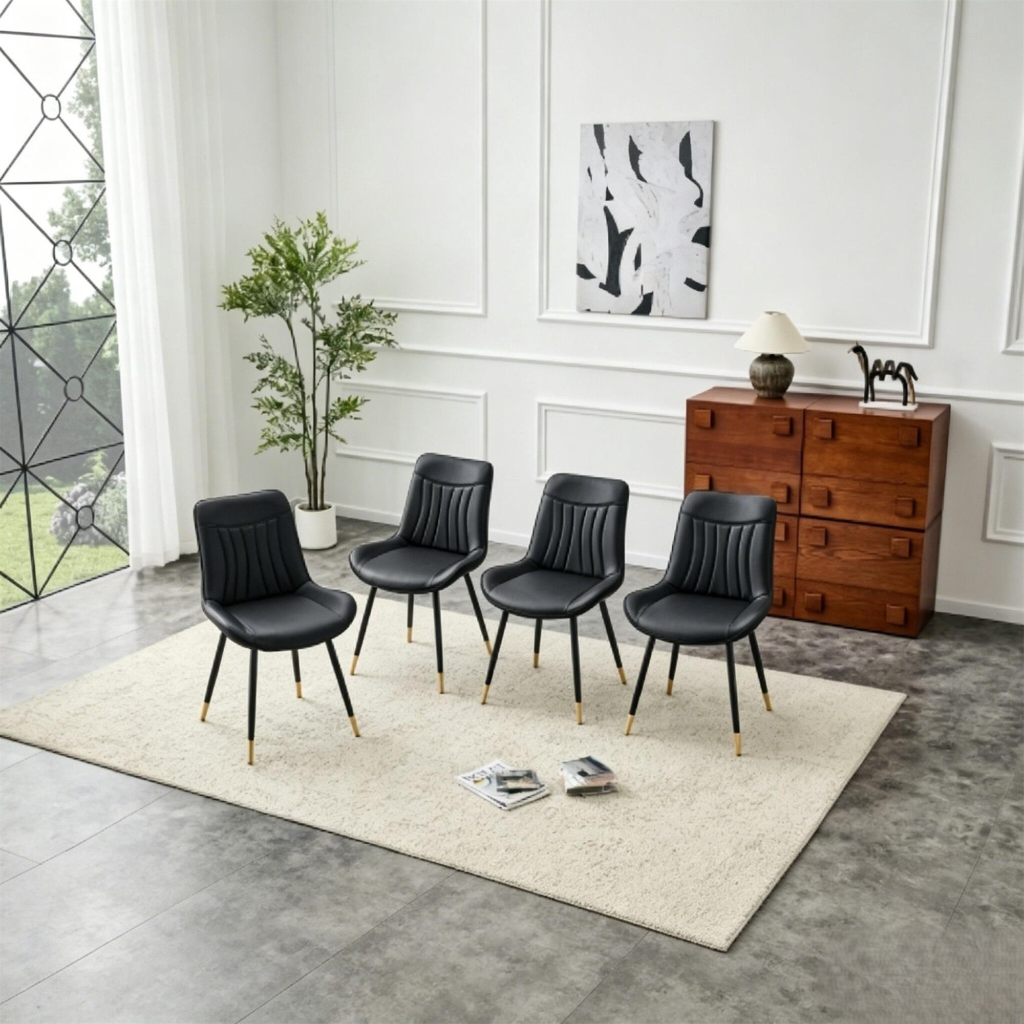Leumius Dining Chairs Set of 4, Tech Fabric Upholstered Dining Chairs with Semi-Gloss Black Metal Legs, Gold-Trimmed Adjustable Non-Slip Feet, Vertical-Stitched High Back for Dining Room Black