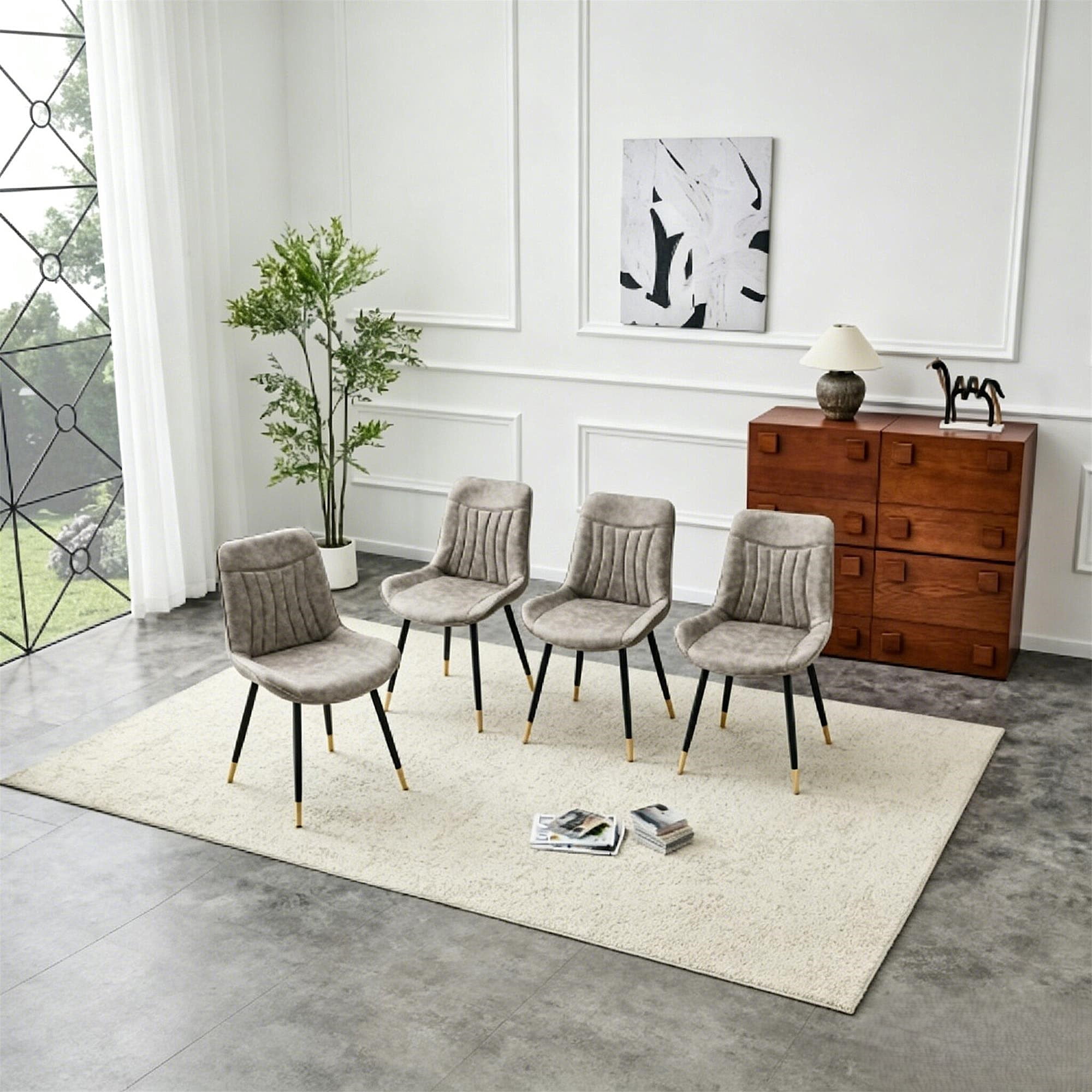 Leumius Dining Chairs Set of 4, Tech Fabric Upholstered Dining Chairs with Semi-Gloss Black Metal Legs, Gold-Trimmed Adjustable Non-Slip Feet, Vertical-Stitched High Back for Dining Room Gray