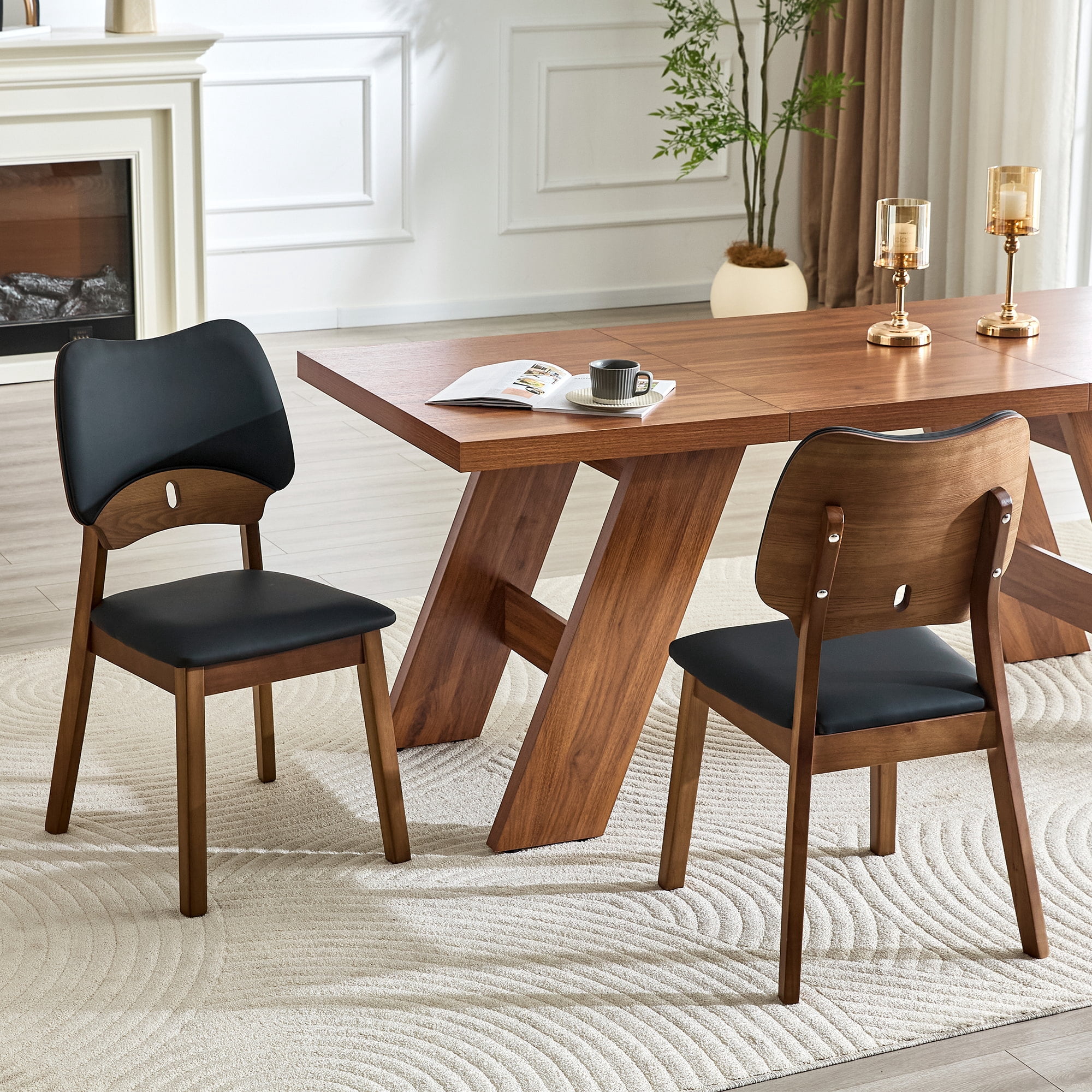 Leumius Dining Chairs Set of 2, Black PU Soft Packaging on the Backrest and Seat Cushion, Hollowed Out Backrests for Kitchen Dining Room