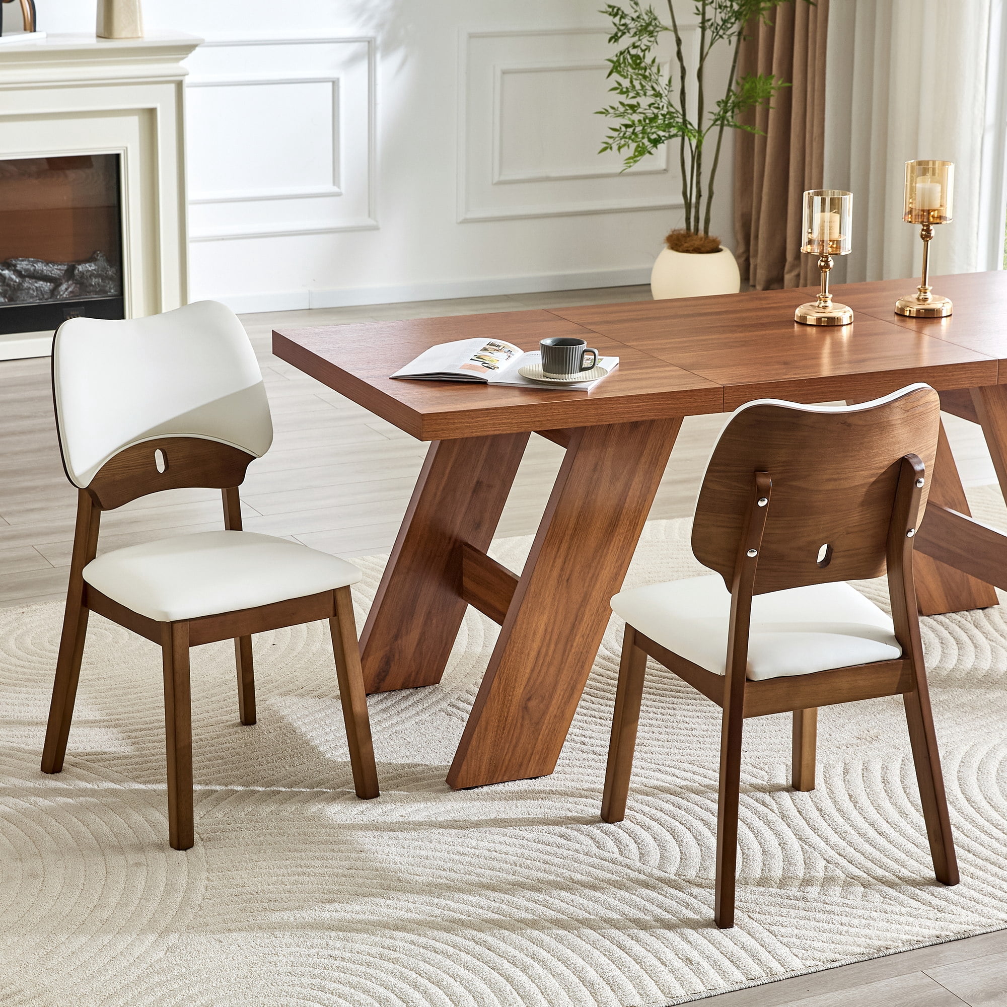 Leumius Dining Chairs Set of 2, White PU Soft Packaging on the Backrest and Seat Cushion, Hollowed Out Backrests for Kitchen Dining Room