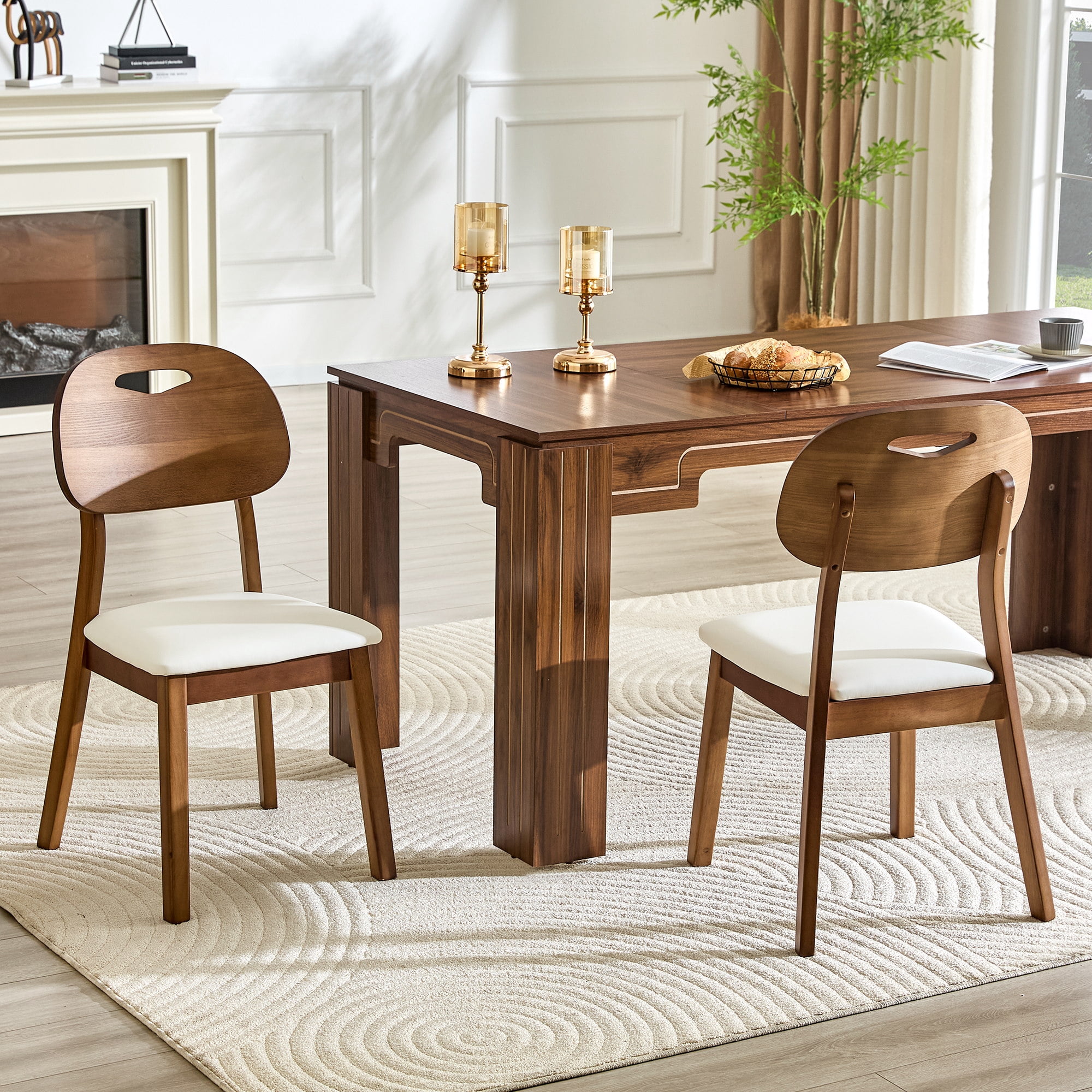 Leumius Dining Chairs Set of 2 with White PU Soft Seat Cushions, Farmhouse Dinner Chair with Hollowed Out Backrests for Kitchen Dining Room