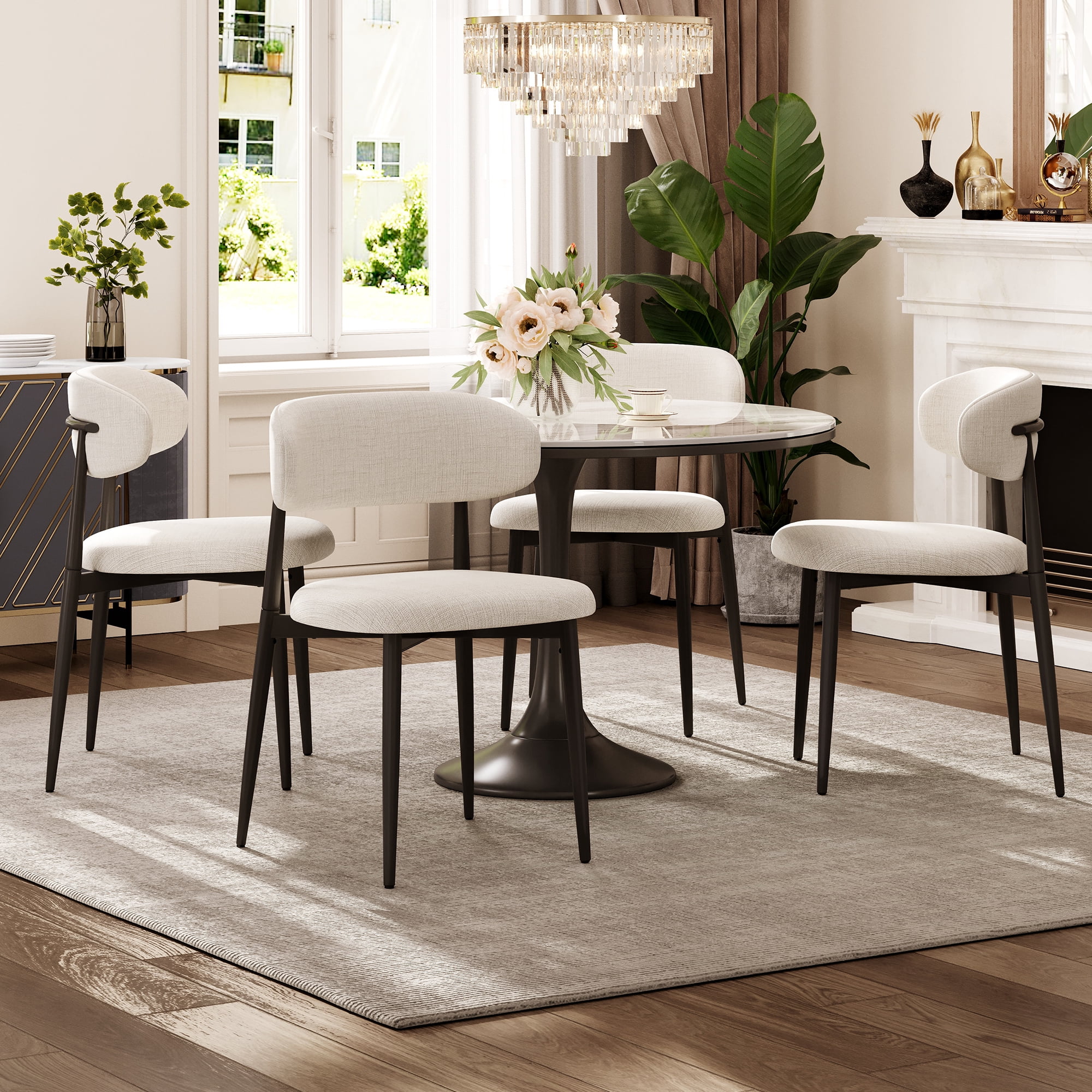Leumius Dining Chairs Set of 4, Modern Metal Kitchen Chairs with Fabric Upholstered for Dining Room Kitchen Beige+Black