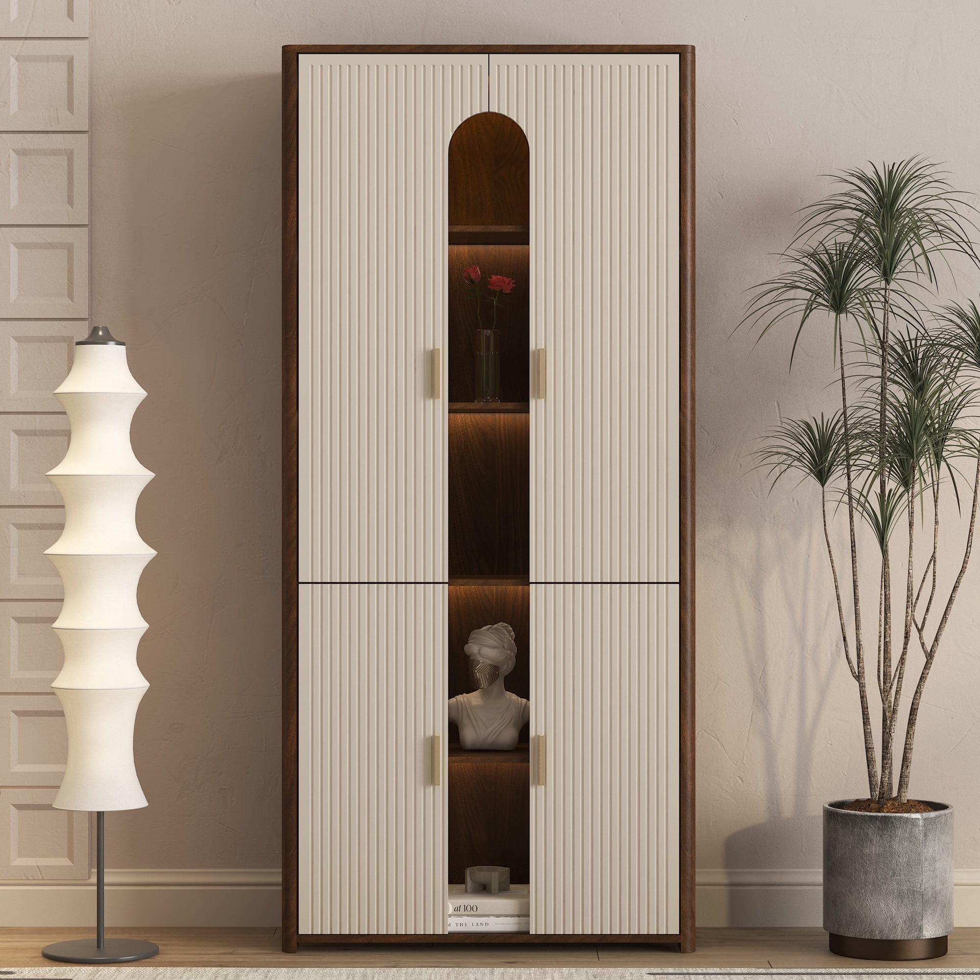 Leumius Display Cabinet with Doors,Bookcase with LED Lights, Display Case for Collectibles Bedroom Living Room Office