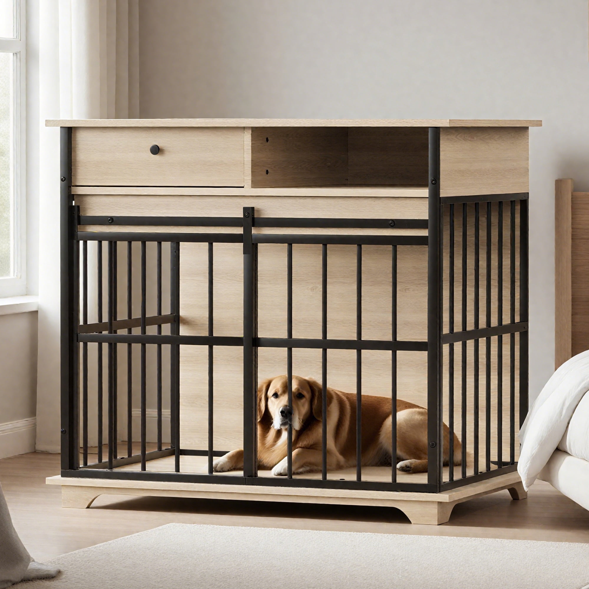 Leumius Dog Cage Furniture, Small Dog Cage Furniture Wooden Dog Pen Furniture for Small Dogs Black+Natural