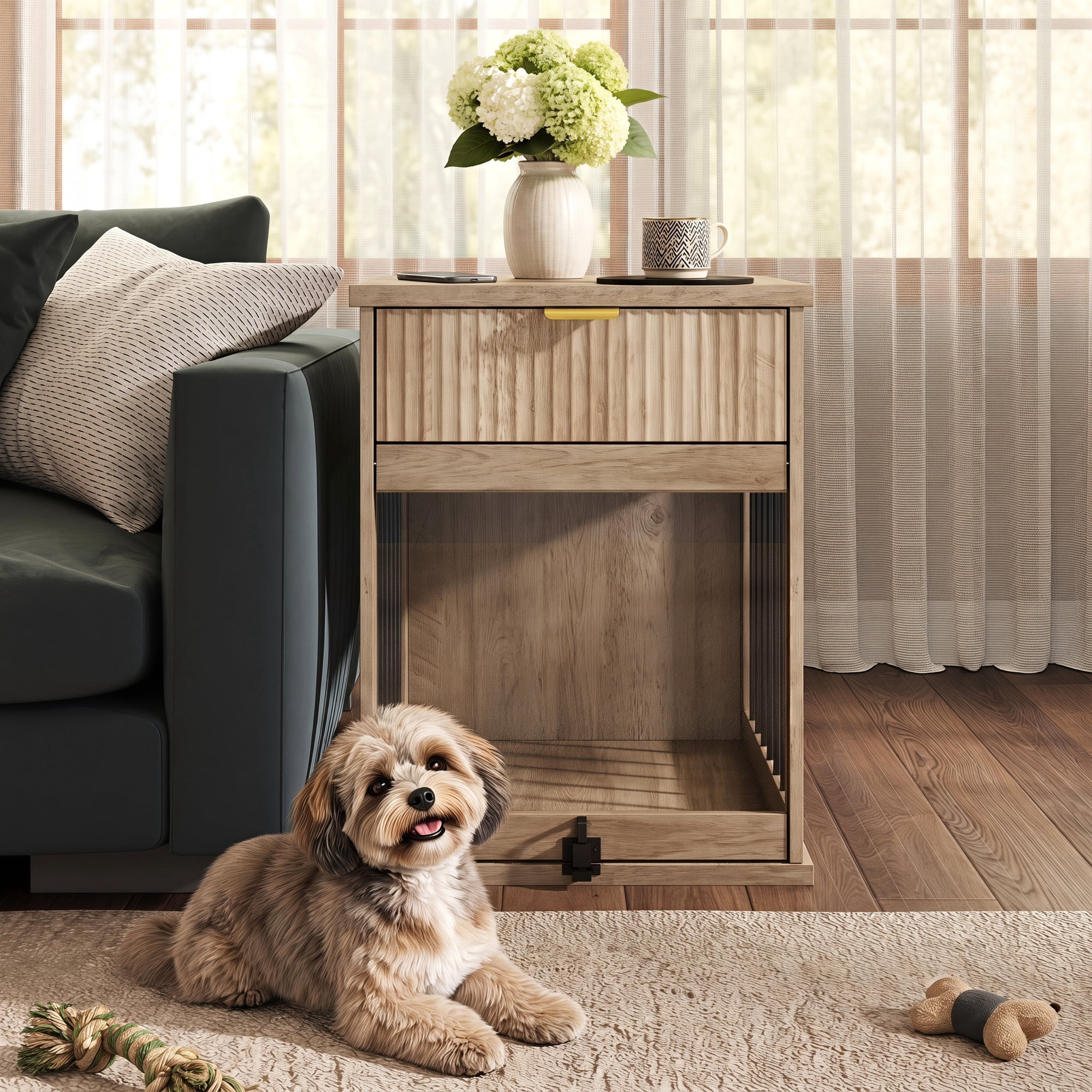 Leumius Dog Crate End Table with Charging Station,Wooden Dog Kennel Furniture with Hideaway Tempered Glass Door, Multi-Functional Pet Station Side Table,Grey