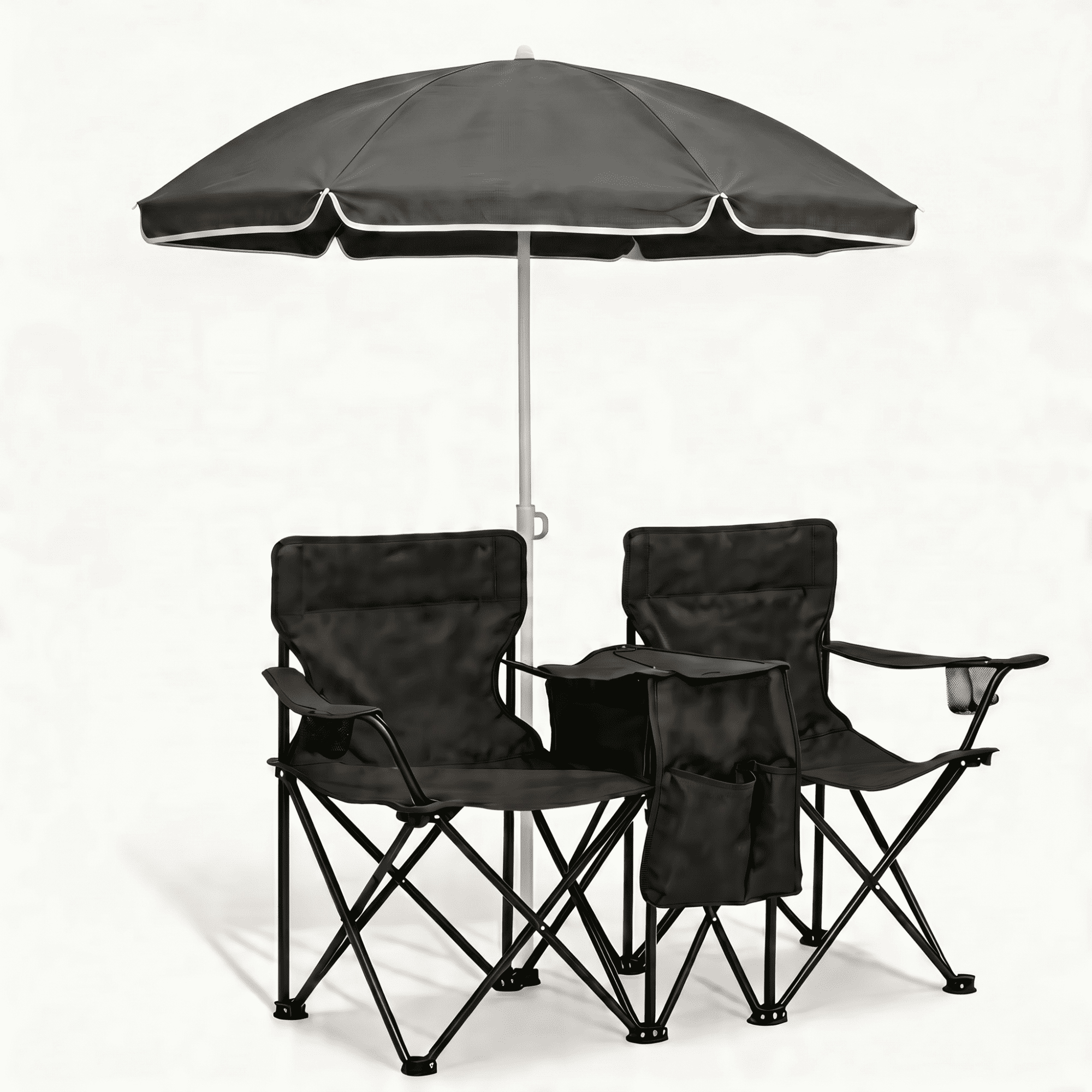 Leumius Double Camping Chair with Umbrella,Folding Camping Chair with Canopy Shade,Carrying Bag, Table,Cup Holder for Beach Patio Pool Park Outdoor,Black