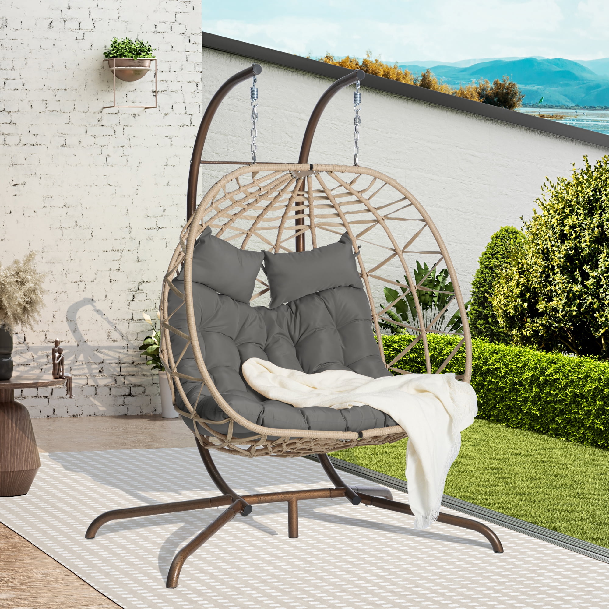 Leumius Double Egg Chair with Stand,Indoor Outdoor Wicker Swing Egg Hanging Chair with UV Resistant Cushions for Patio,Balcony,Porch,600 lbs,Natural+Dark Gray