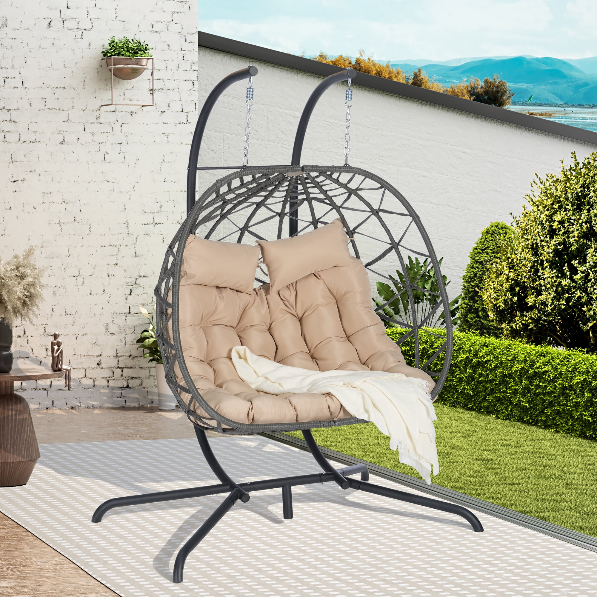 Leumius Double Egg Chair with Stand,Indoor Outdoor Wicker Swing Egg Hanging Chair with UV Resistant Cushions for Patio,Balcony,Porch,600 lbs,Khaki