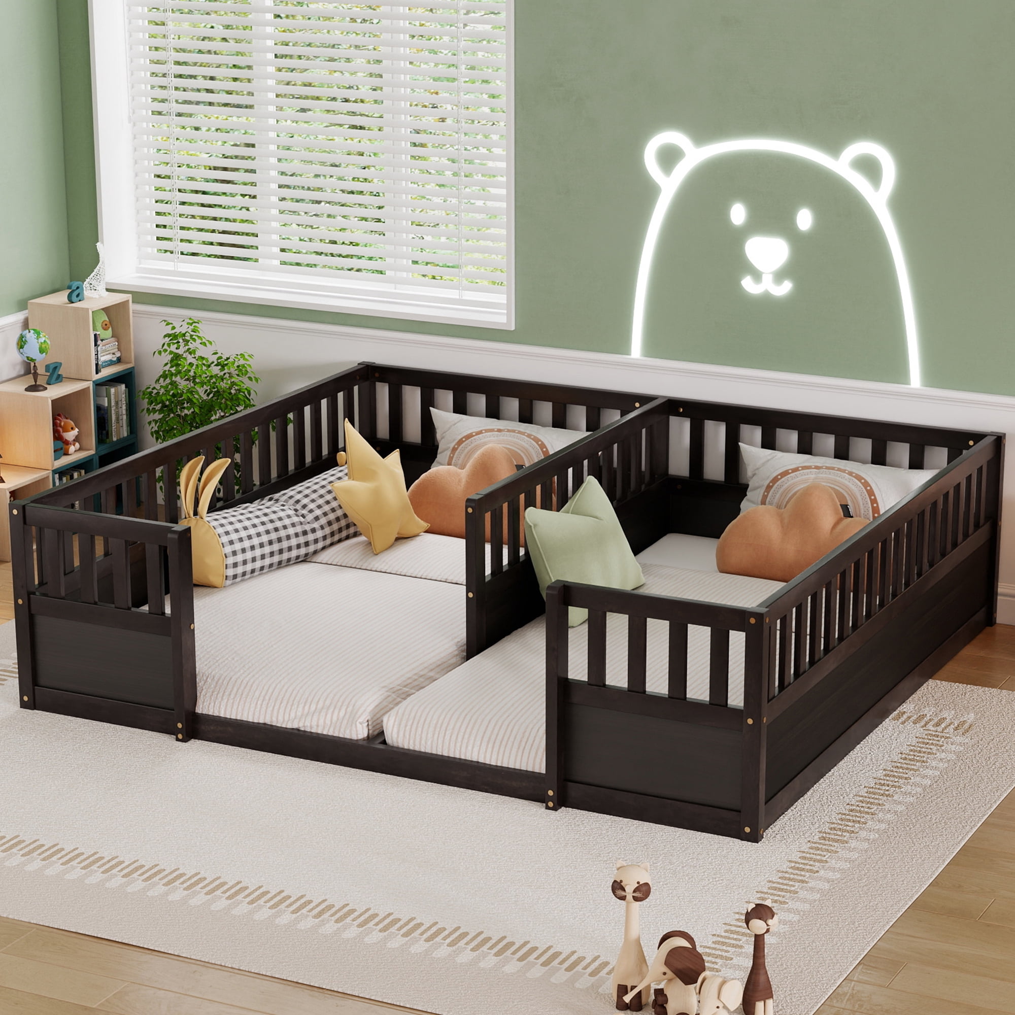 Leumius Double Pine Wood Twin Floor Bed with Semi-Enclosed Safety Guardrails, Open Entrance for Kids Bedroom Espresso
