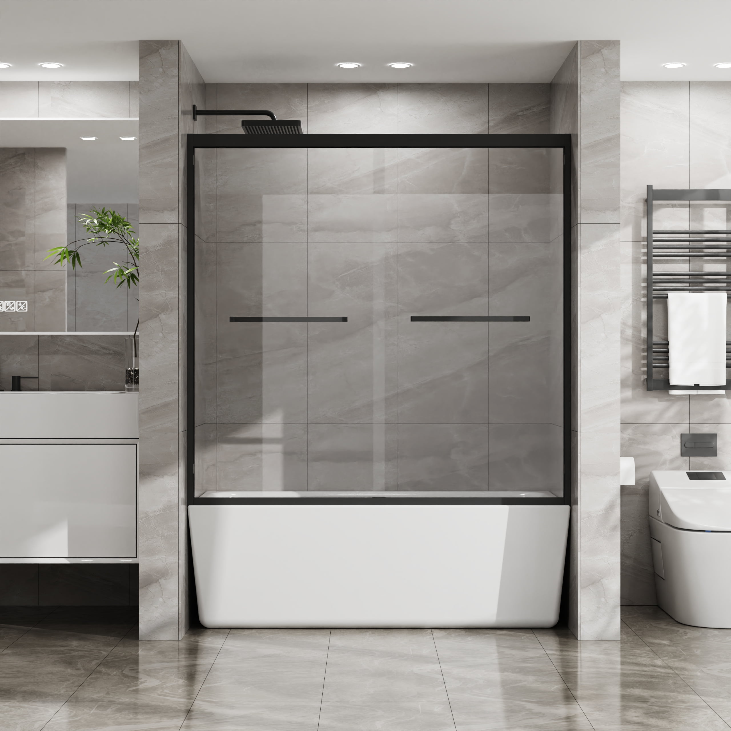 Leumius Double Sliding Bathtub Shower Door 60 in. W x 58 in. H Aluminum Framed Shower Enclosure for Tub with SGCC Clear Tempered Glass, Stainless Steel Hardware, Matte Black