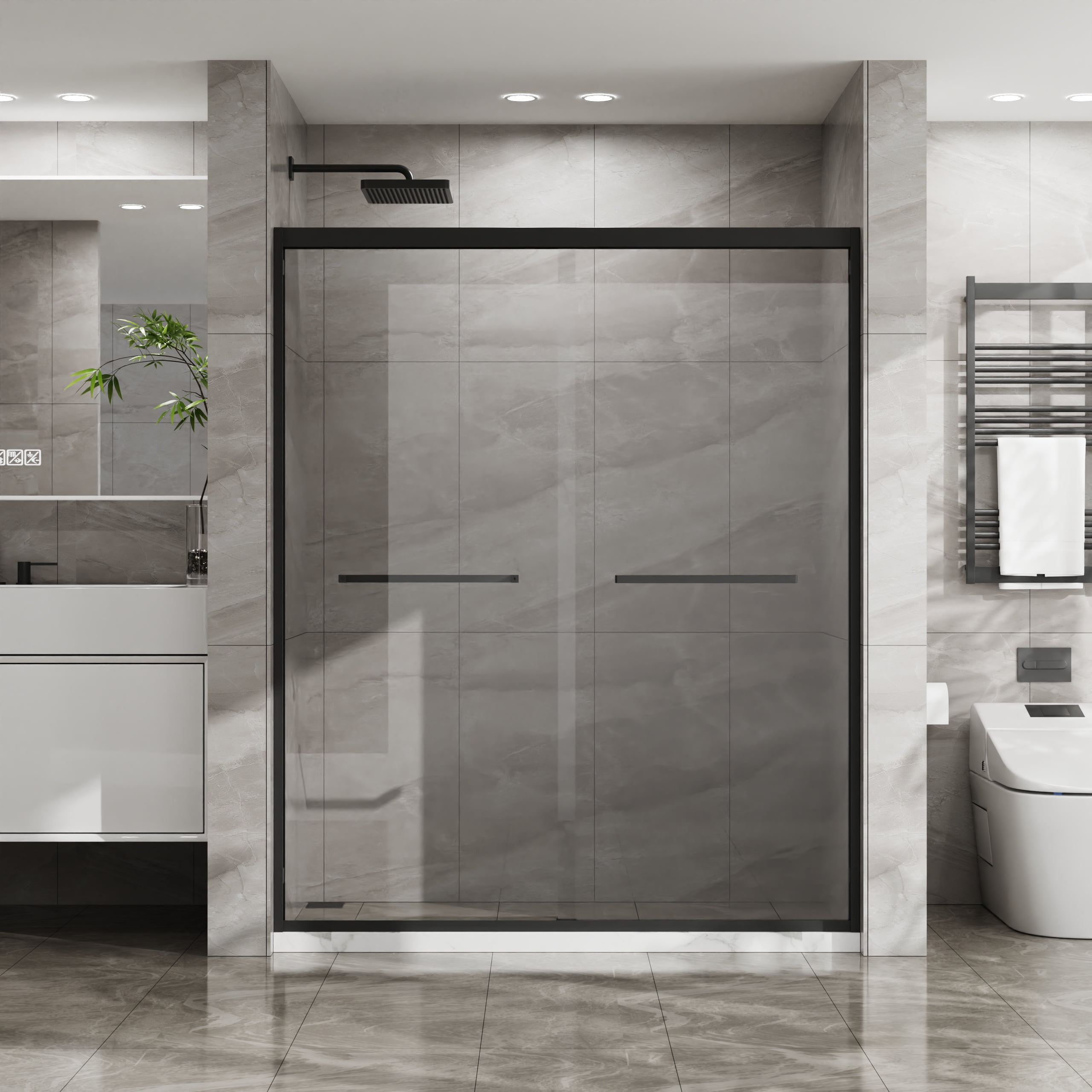 Leumius Double Sliding Glass Shower Door 60 in. W x 72 in. H,Aluminum Framed Shower Enclosure with SGCC Clear Tempered Glass, Stainless Steel Hardware, Matte Black02