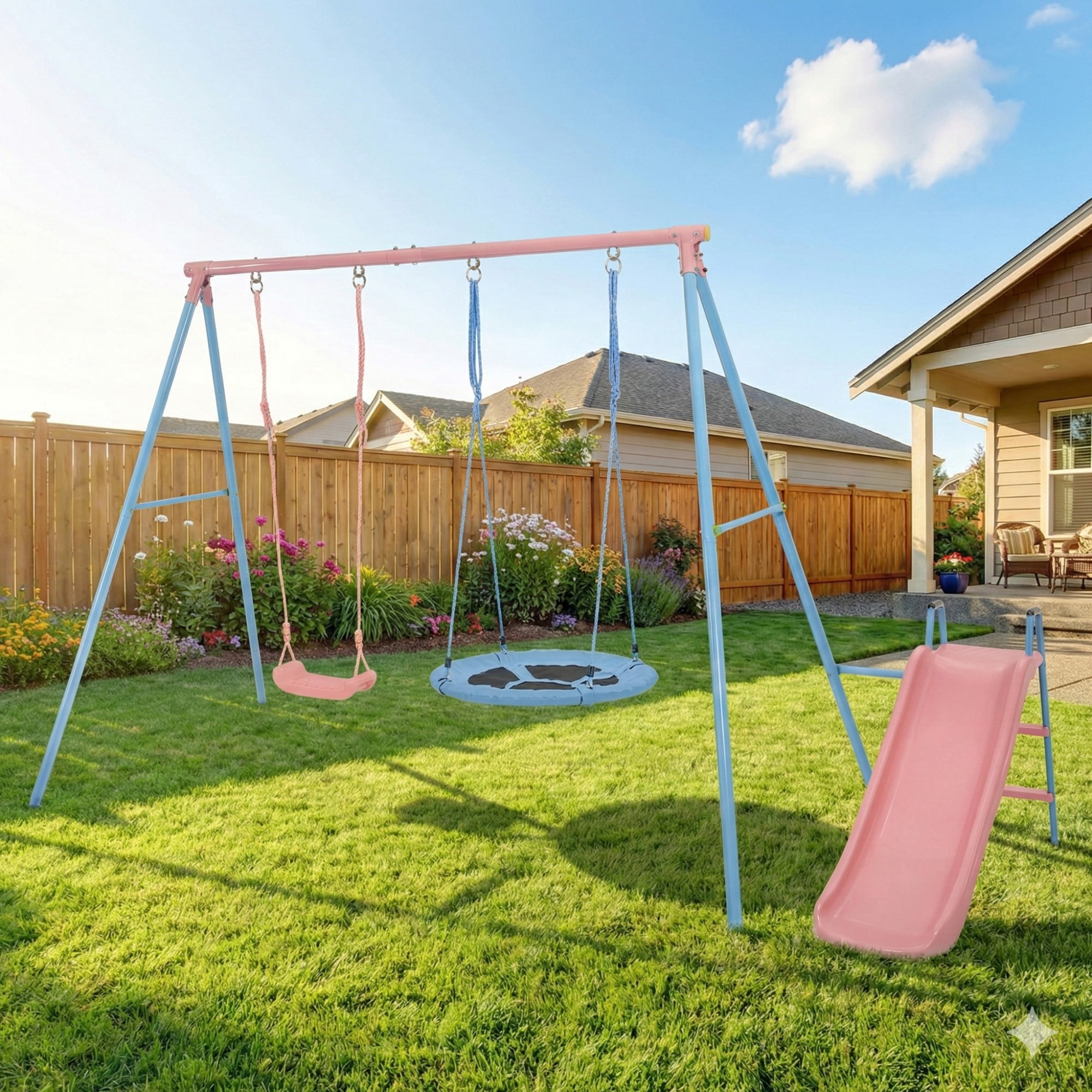 Leumius Double Swing Set with Slide for Playground,Backyard Playset,Blue&Pink