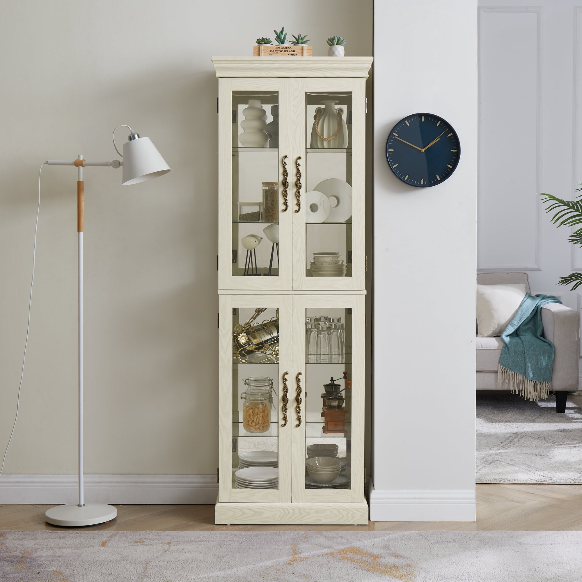 Leumius Elegant Lighted Glass Curio Display Cabinet, Wooden Frame Storage for Living Room, Kitchen & Pantry, Glass Cabinet for Wine, Toys & Collectibles White