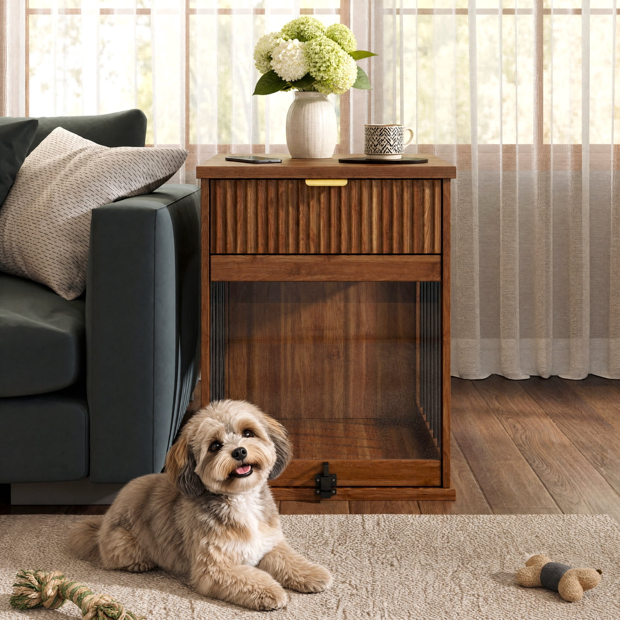 Leumius End Table with Charging Station, Dog Crate with Hideaway Tempered Glass Door, Multi-Functional Pet Station Side Table with Storage Drawer for Small Medium Dog Brown