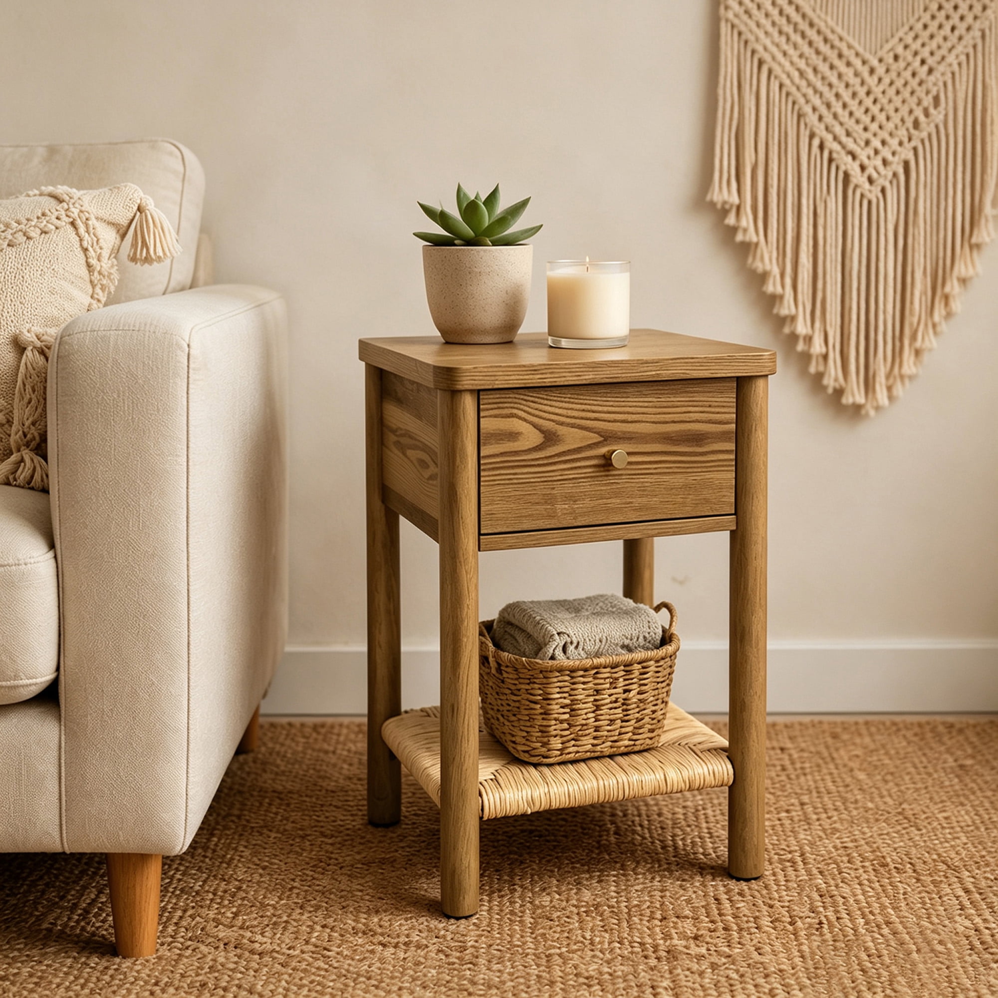 Leumius End Table with Rounded Edge Tabletop, Solid Wood Round Legs, Woven Jute Storage Shelf & Drawer, Nightstand for Bedroom Living Room Walnut