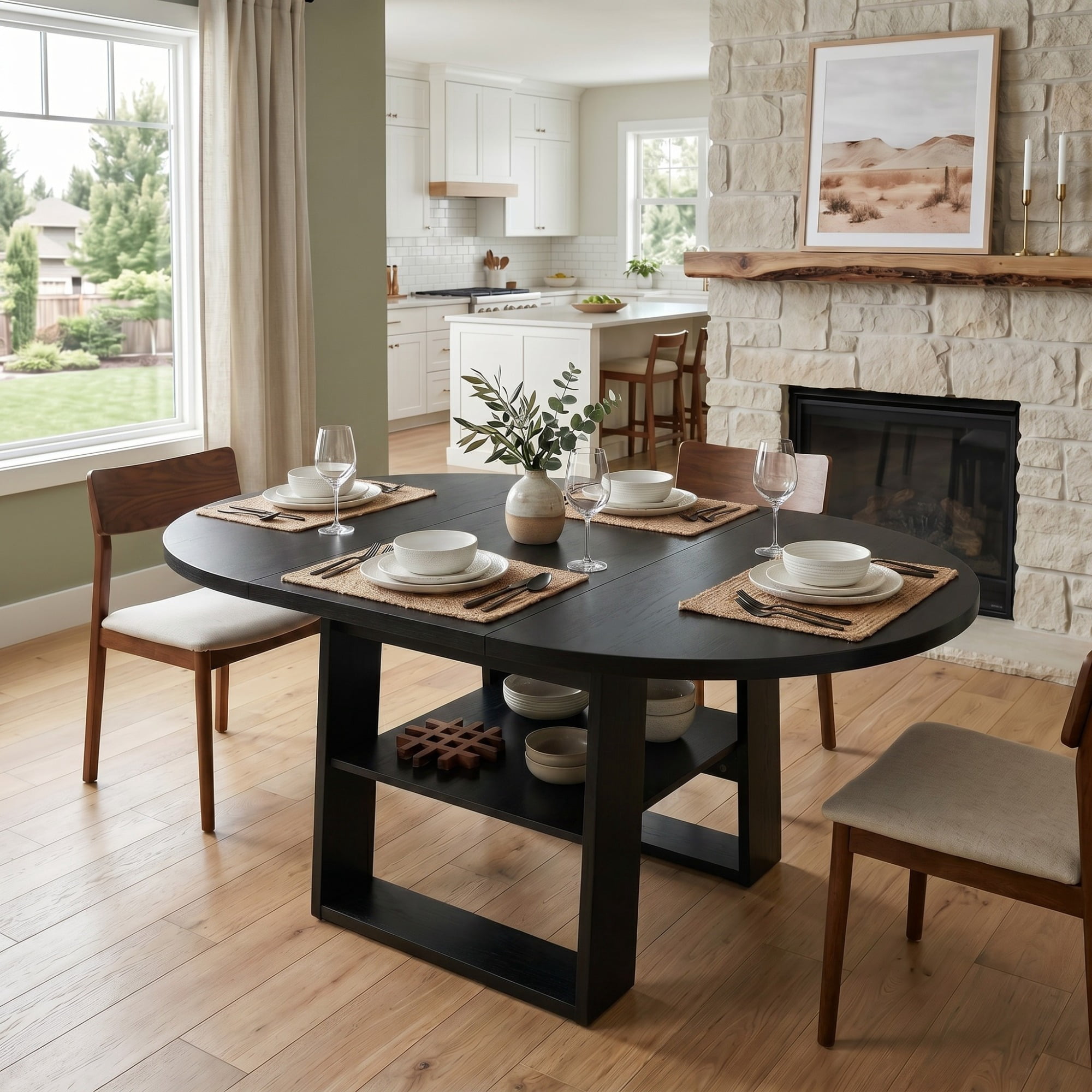 Leumius Extendable Dining Table for 4-6,Round-to-Oval Kitchen Table with Built-In Flip-Up Extension Leaf,Wooden Kitchen Table with Stable H-Shaped Base and Storage Shelf,Black