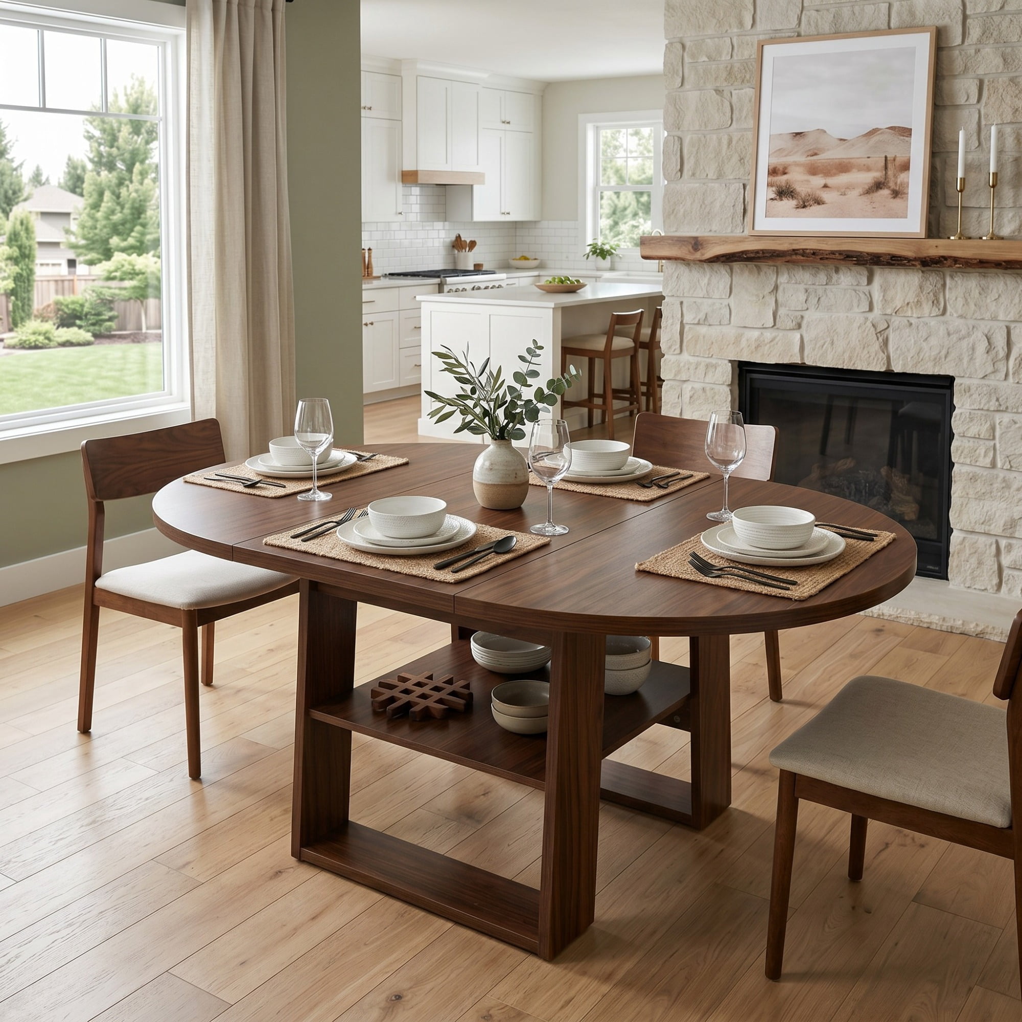 Leumius Extendable Dining Table for 4-6,Round-to-Oval Kitchen Table with Built-In Flip-Up Extension Leaf,Wooden Kitchen Table with Stable H-Shaped Base and Storage Shelf,Walnut