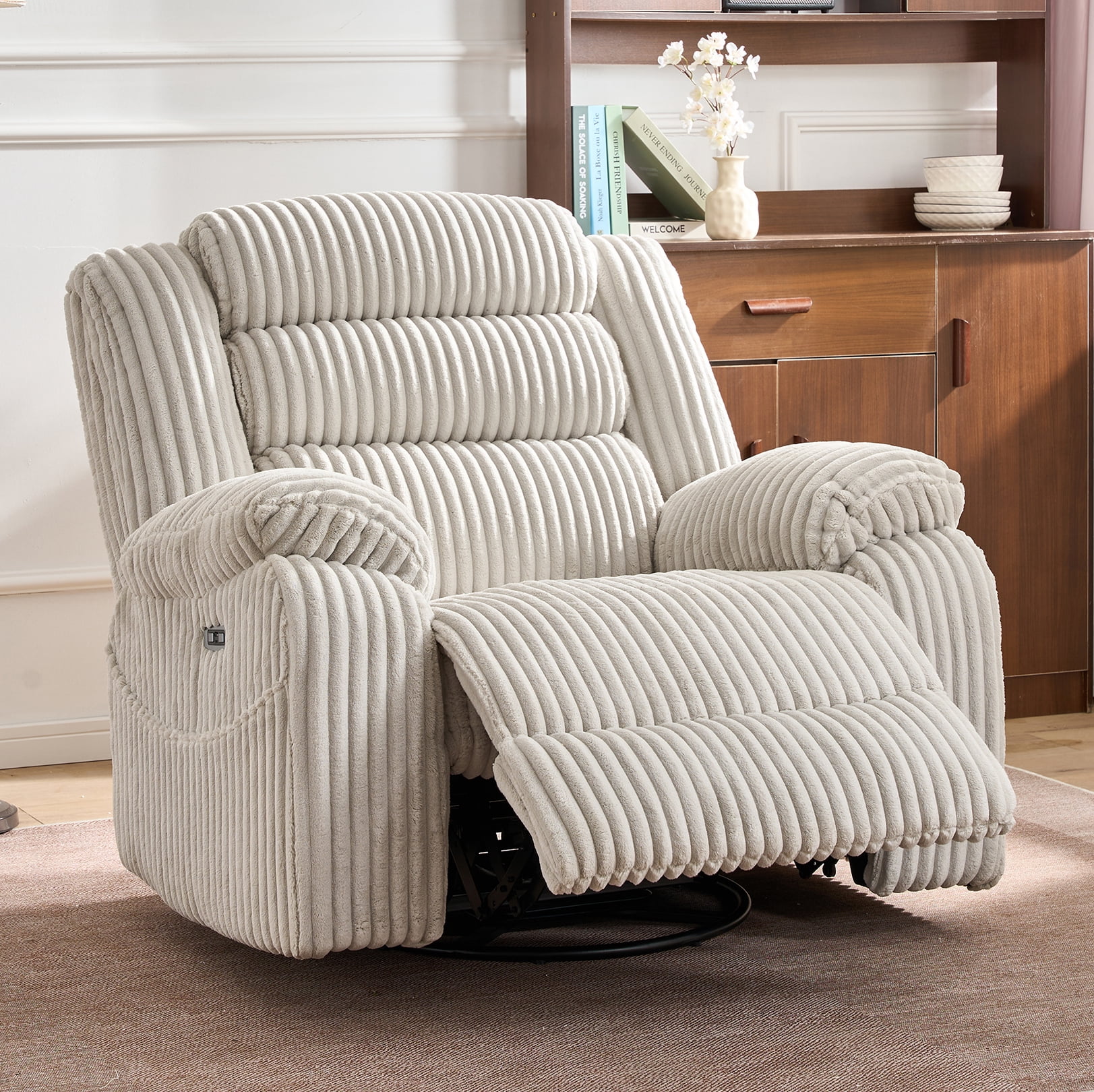 Leumius Extra Wide Power Recliner Chair,270° Swivel Rocking Chair with Heat & Massage,USB & Type C Charging Port,Velvet Upholstered Recliner with Side Pockets for Living Room, Bedroom, Nursery,White