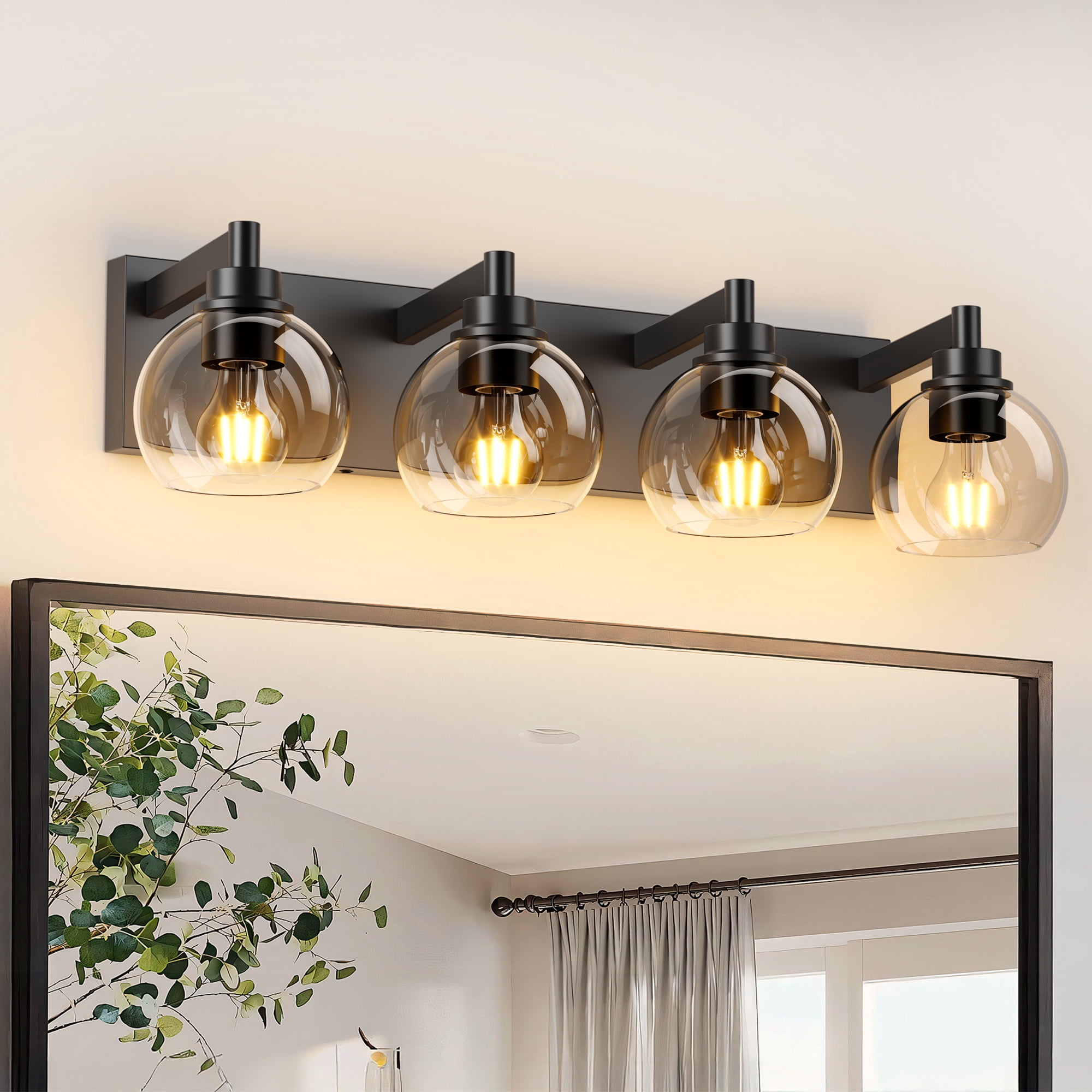Leumius Farmhouse Bathroom Vanity Light Fixtures, 4-Light Bathroom Light Fixtures Over Mirror, Rustic Sconces Wall Lighting with Glass Shade for Living Room, Bedroom, Hallway
