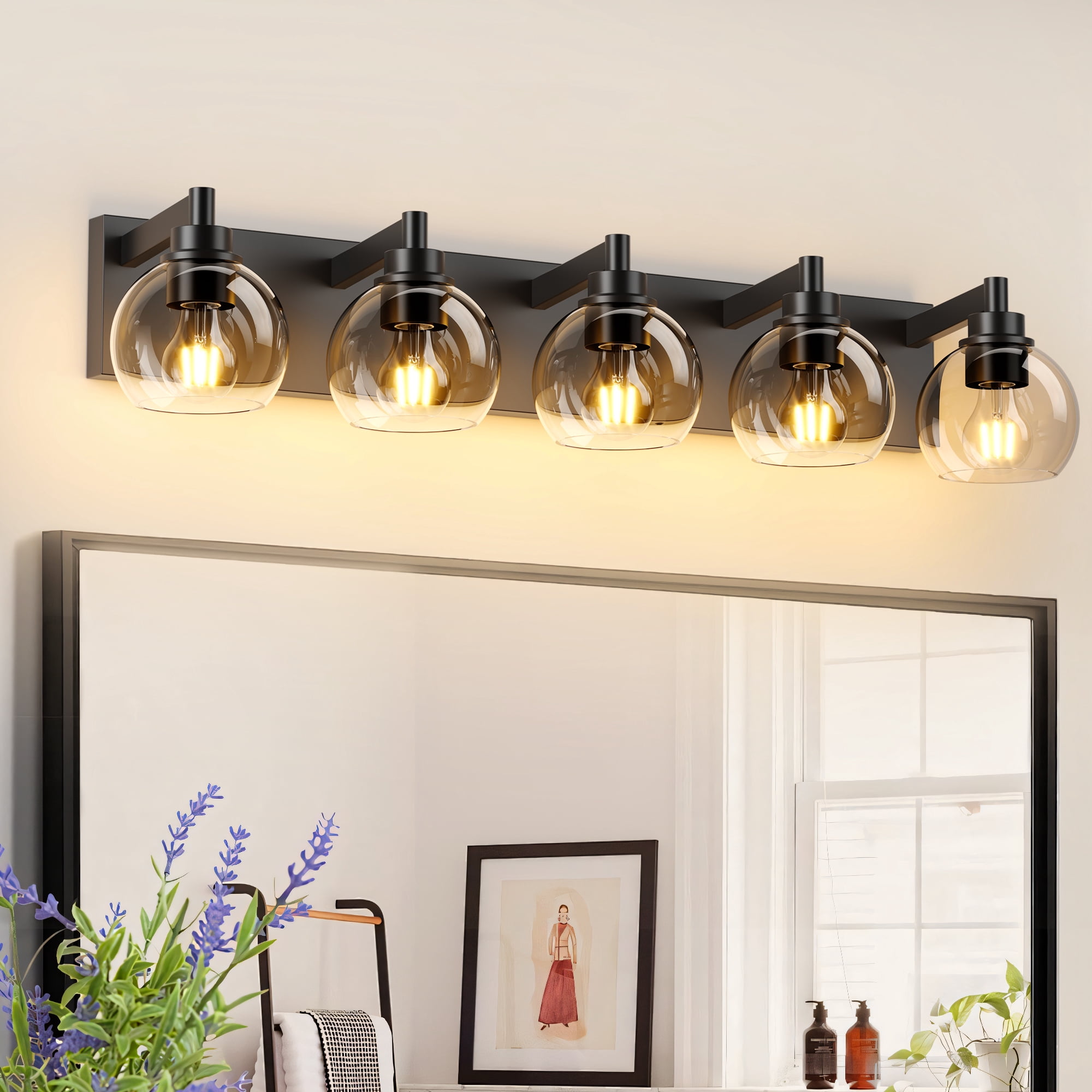 Leumius Farmhouse Bathroom Vanity Light Fixtures, 5-Light Bathroom Light Fixtures Over Mirror, Rustic Sconces Wall Lighting with Glass Shade for Living Room, Bedroom, Hallway