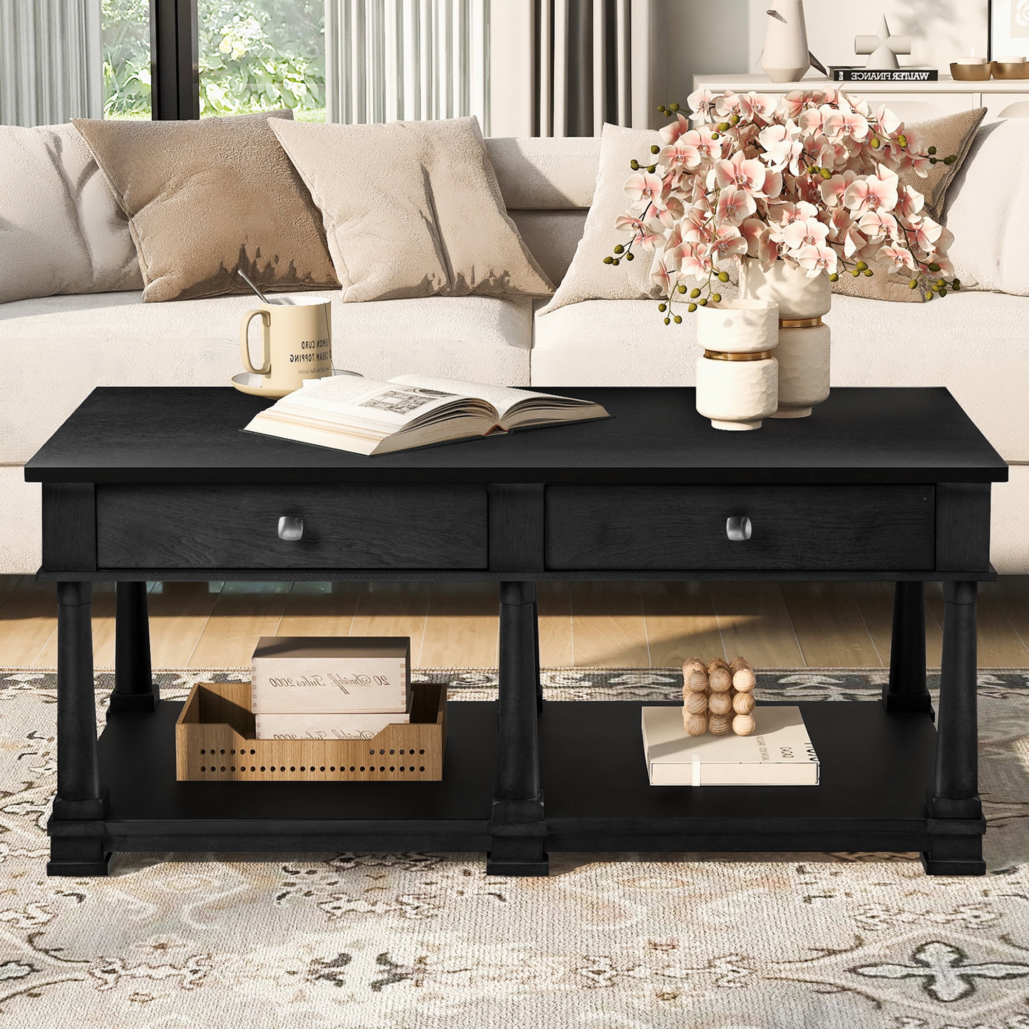 Leumius Farmhouse Coffee Table with 2 Storage Drawers & Lower Open Shelf, Rectangular Cocktail Table with Solid Wood Legs for Living Room Black