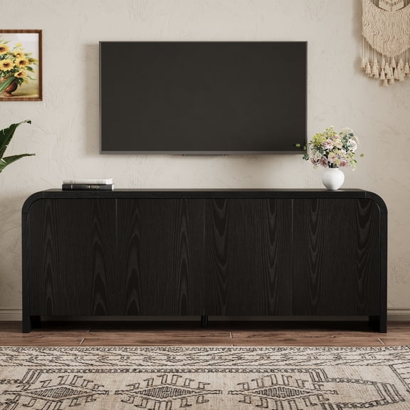 Leumius Farmhouse Curved Edge TV Stand with Large Cabinets for TVs up to 70", Minimalist Wood Grain Media Console with Cable Management and Adjustable Shelves for Living Room, Black