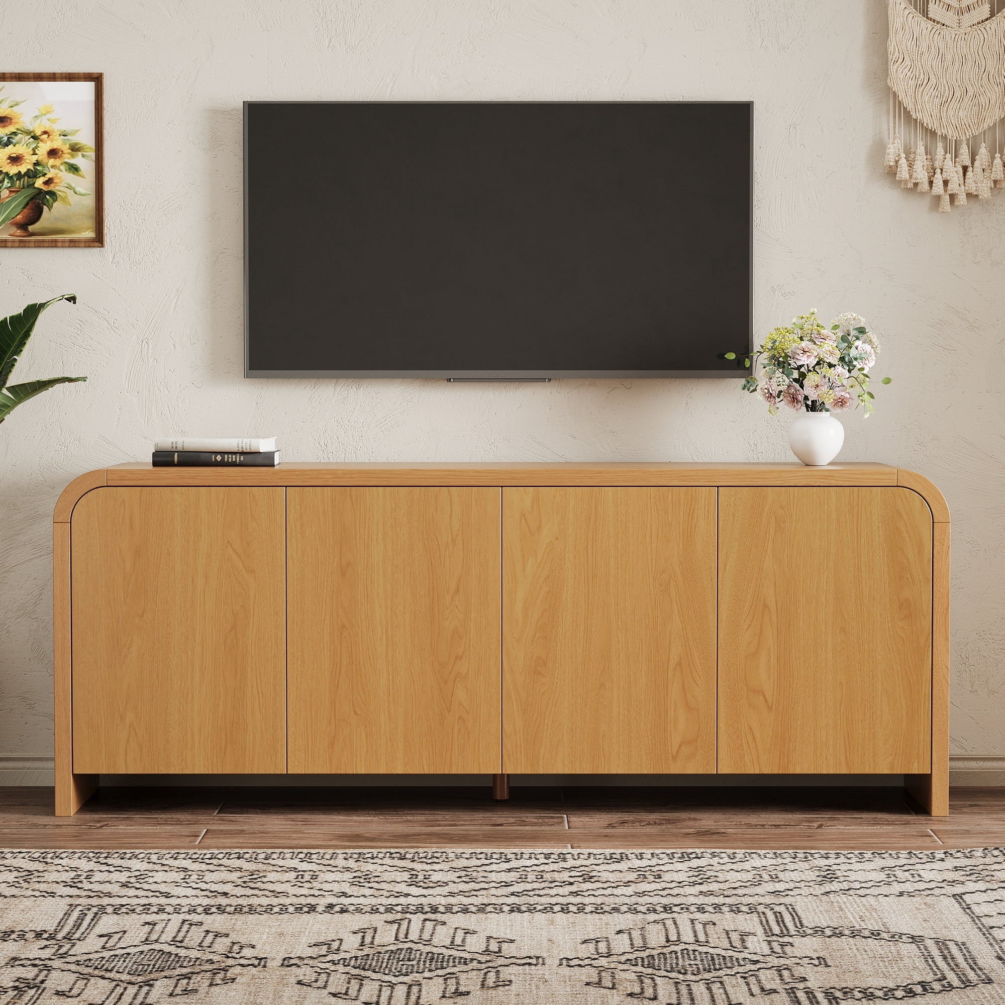 Leumius Farmhouse Curved Edge TV Stand with Large Cabinets for TVs up to 70", Minimalist Wood Grain Media Console with Cable Management and Adjustable Shelves for Living Room, Natural