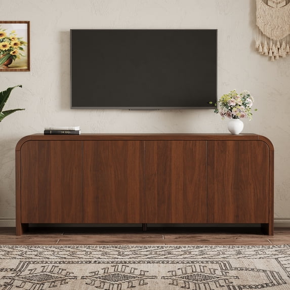 Leumius Farmhouse Curved Edge TV Stand with Large Cabinets for TVs up to 70", Minimalist Wood Grain Media Console with Cable Management and Adjustable Shelves for Living Room, Walnut