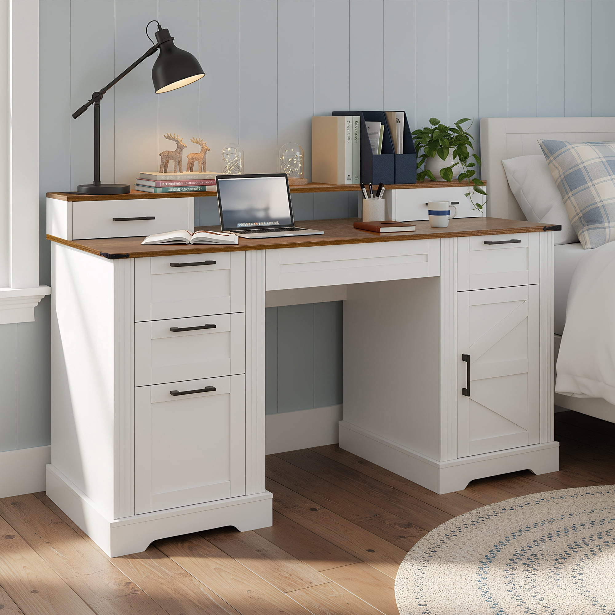 Leumius Farmhouse Office Desk with Charging Station & Storage Cabinet, Barn Door Design Home Office Study Desk with File Drawer, Monitor Stand and Keyboard Tray for Office Study Living Room White