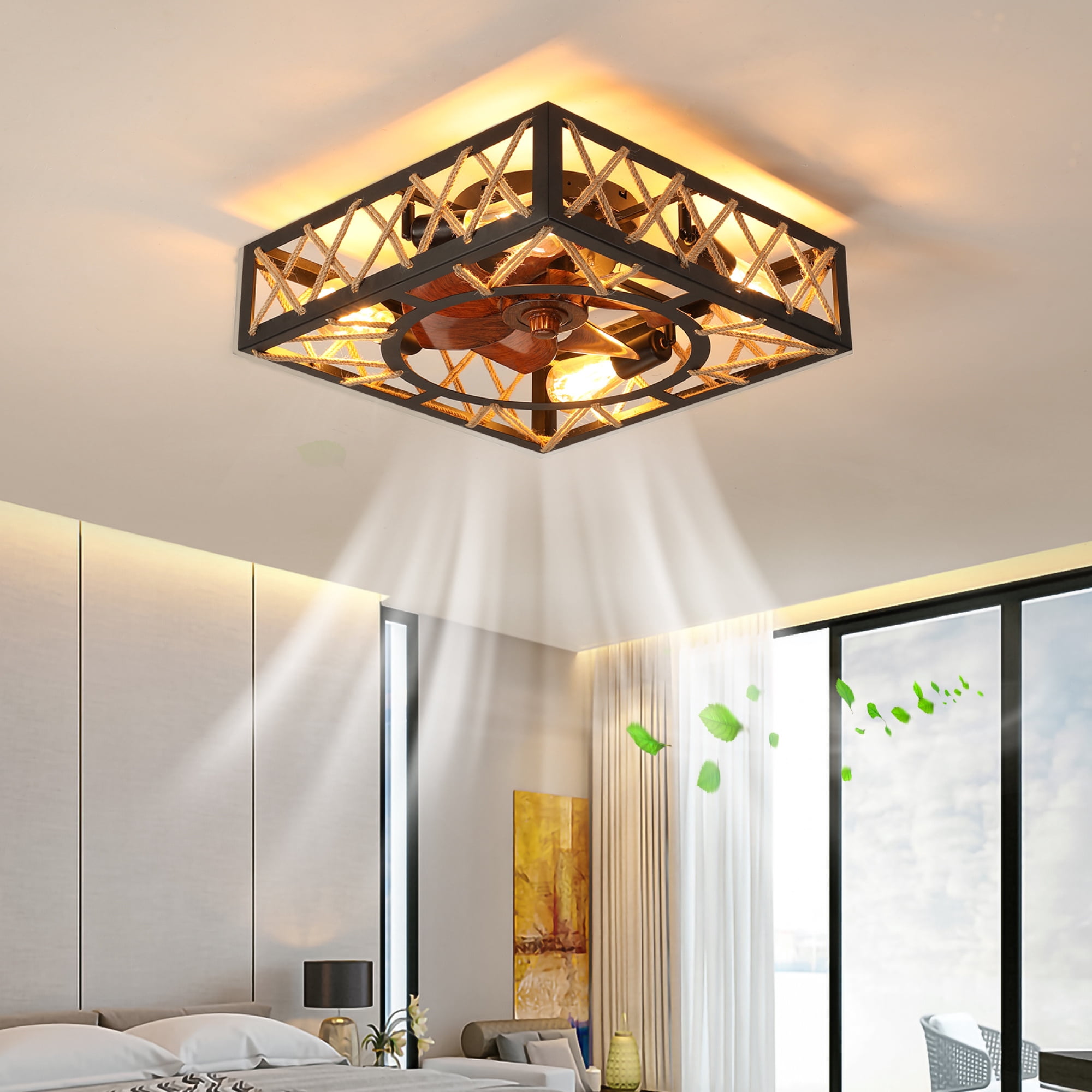 Leumius Farmhouse Rustic Ceiling Fan and Remote Control,Square Caged Industrial Ceiling Fixture with 6 Speeds & Noiseless DC Motor for Kitchen Dining Room Living Room Bedroom
