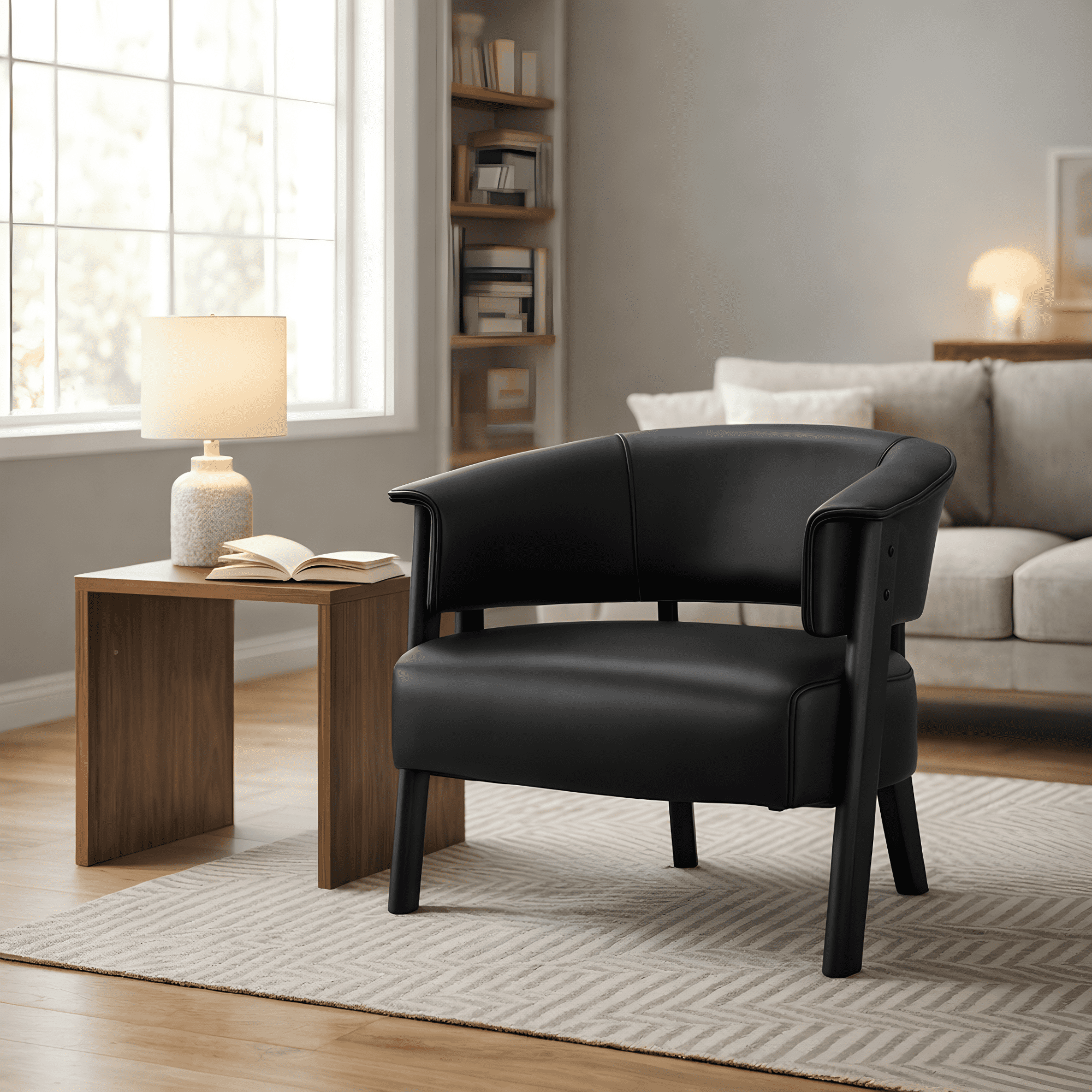 Leumius Faux Leather Wingback Accent Chair, Wrap-Around Back Upholstered Armchair with Solid Wood Legs, Single Sofa Reading Chair for Bedroom Living Room, Black
