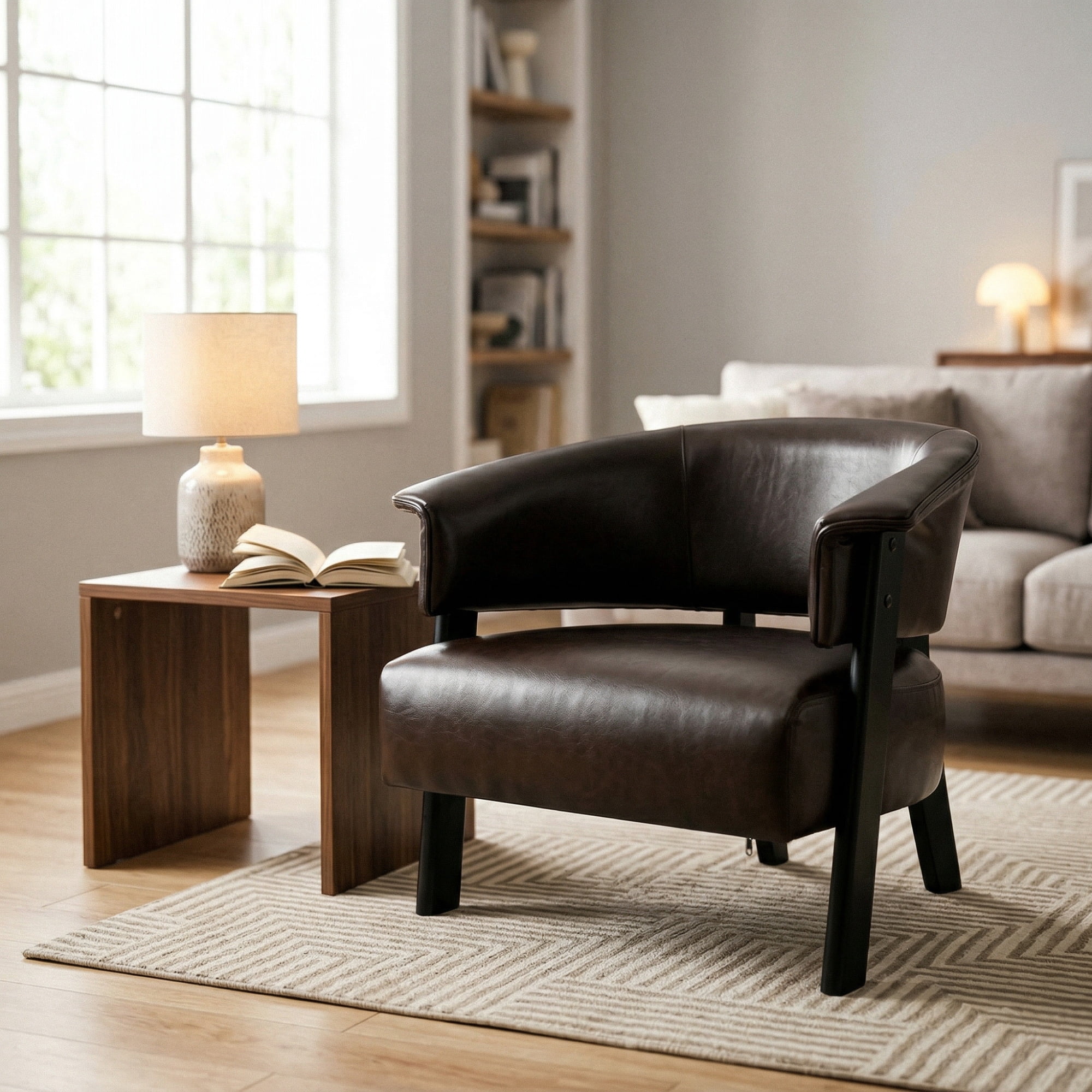 Leumius Faux Leather Wingback Accent Chair, Wrap-Around Back Upholstered Armchair with Solid Wood Legs, Single Sofa Reading Chair for Bedroom Living Room, Brown