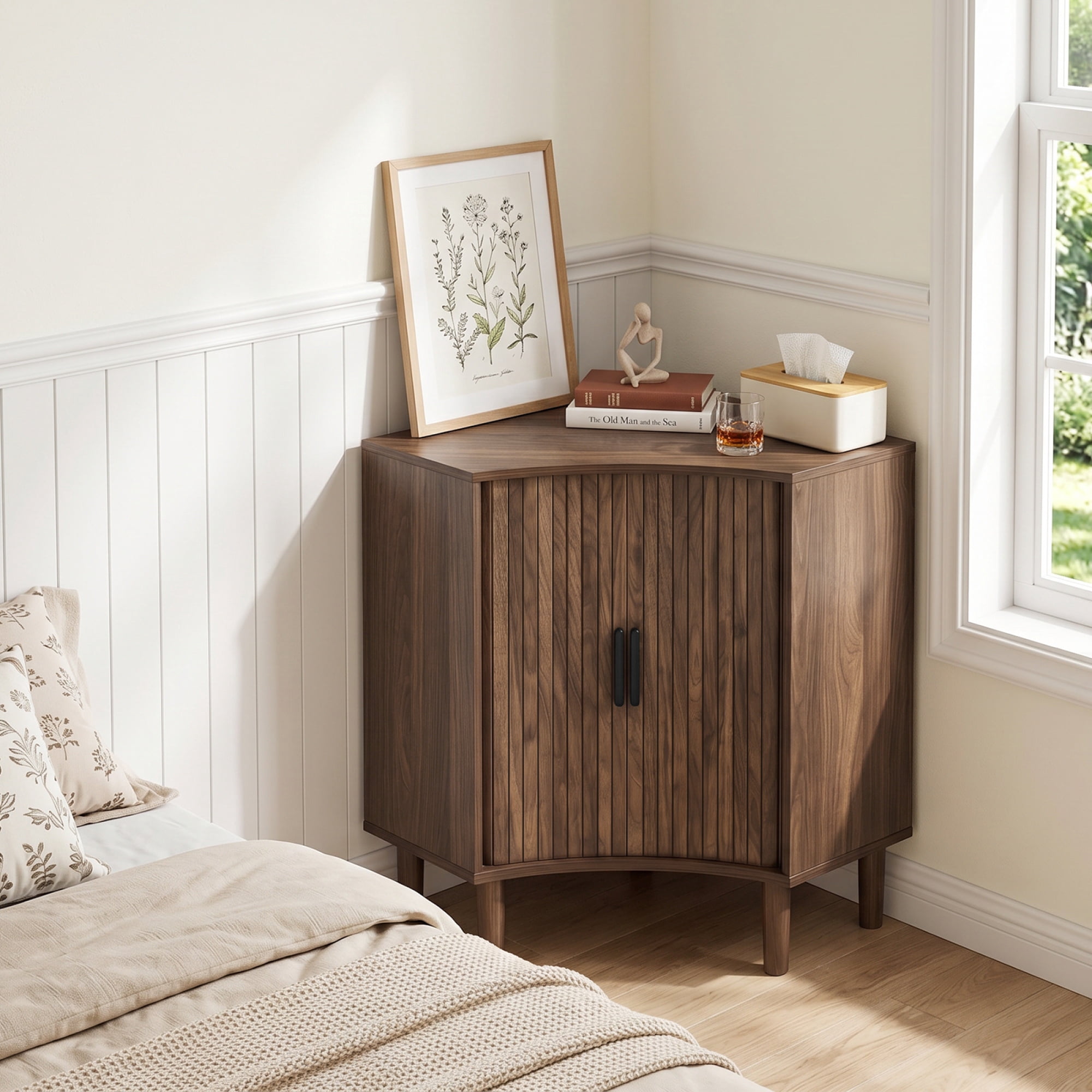 Leumius Fluted Corner Cabinet, Small Corner Floor Cabinet with Sliding Doors and Adjustable Shelves, Modern Wooden Freestanding Narrow Storage Cabinet for Living Room,Dining Room,Bathroom, Walnut