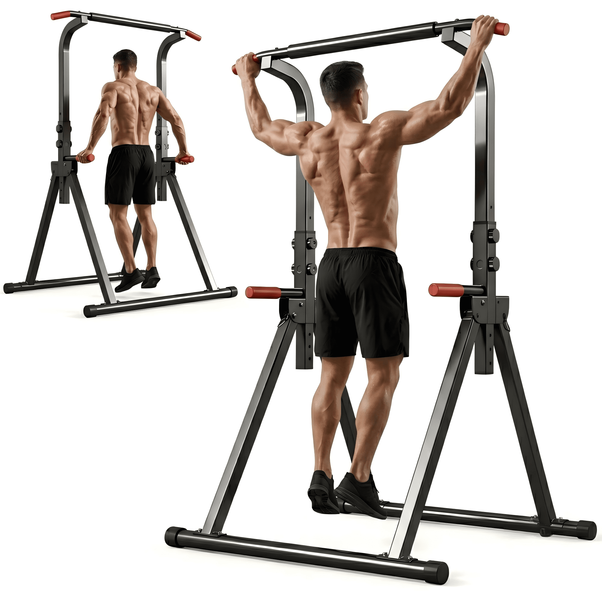 Leumius Foldable Pull Up Bar Standing Power Tower,Multi-Function Dip Station, 6-Level Adjustable Height Strength Training Fitness Equipment for Home Gym,440lbs Max,Black+Red