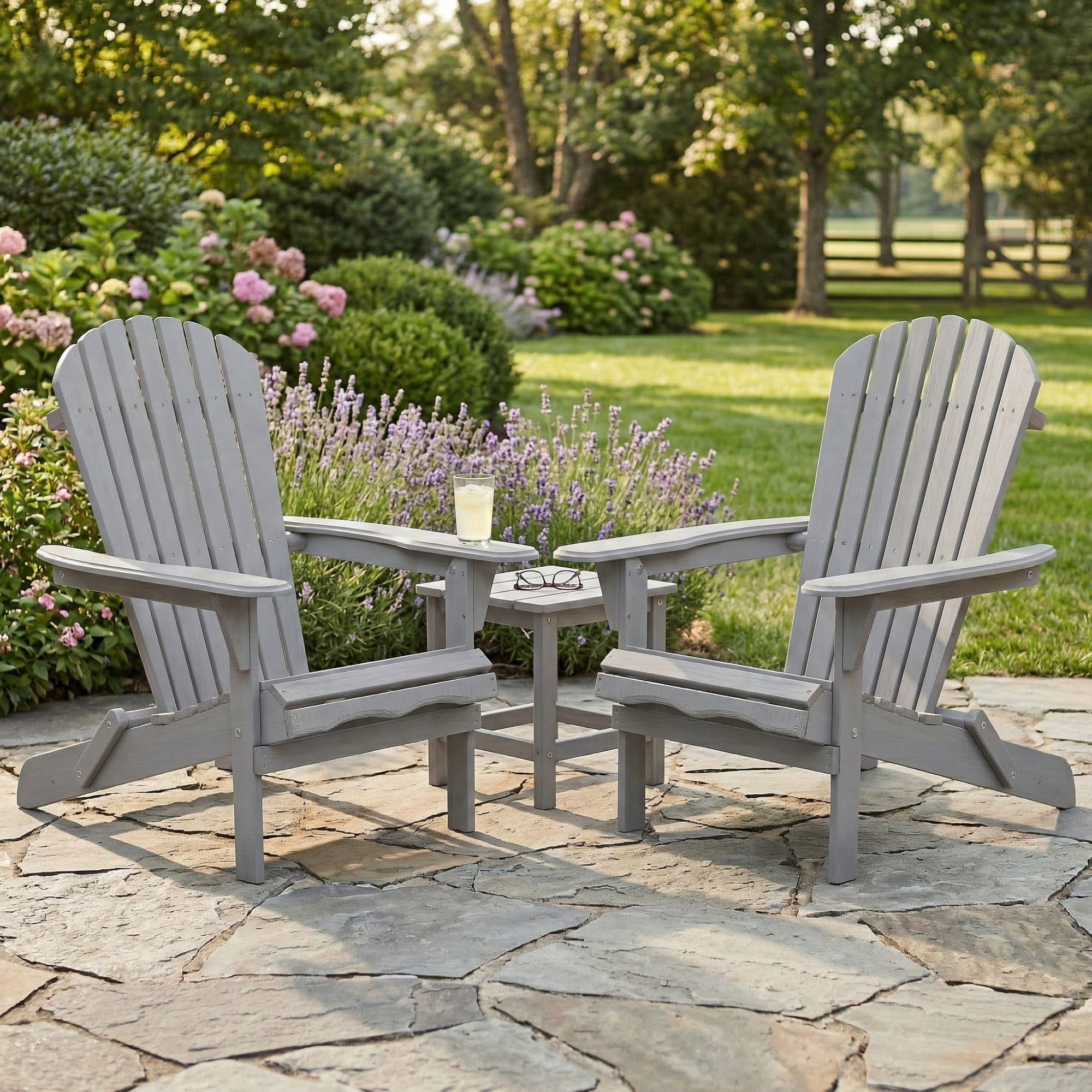 Leumius Folding Adirondack Chair Outdoor, Wooden Accent Lounge Patio Chair Set of 2 for Garden, Lawn, Backyard,Gray