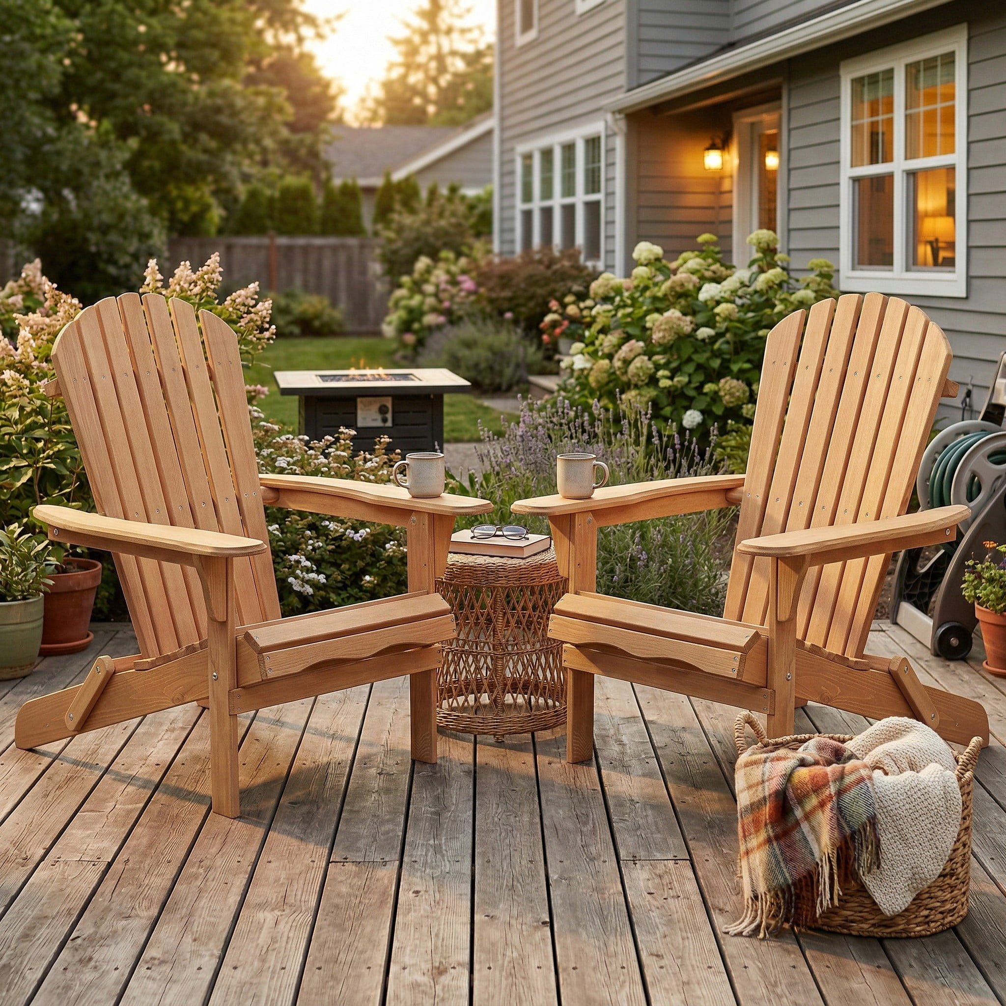 Leumius Folding Adirondack Chair Outdoor, Wooden Accent Lounge Patio Chair Set of 2 for Garden, Lawn, Backyard,Light Brown