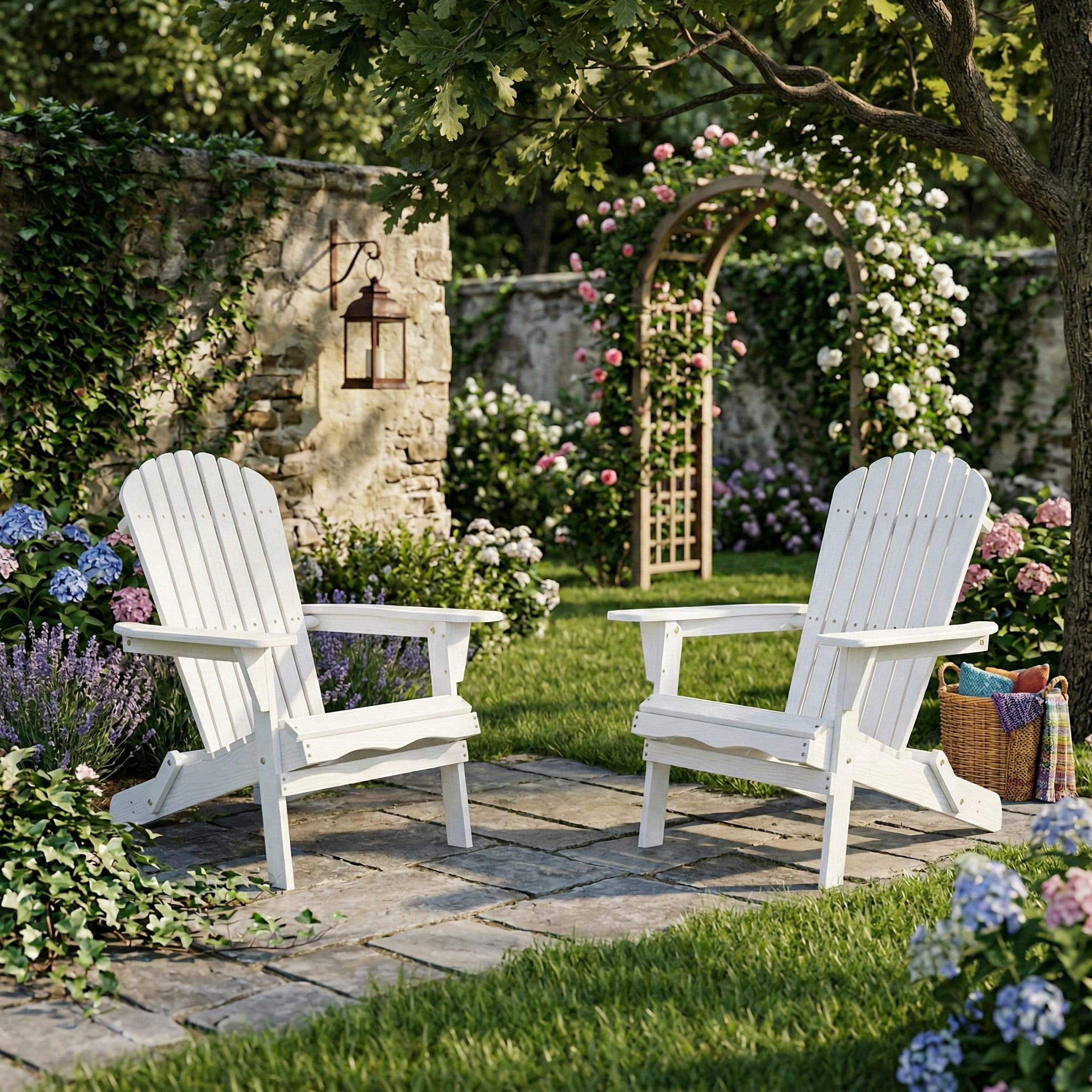 Leumius Folding Adirondack Chair Outdoor, Wooden Accent Lounge Patio Chair Set of 2 for Garden, Lawn, Backyard,White