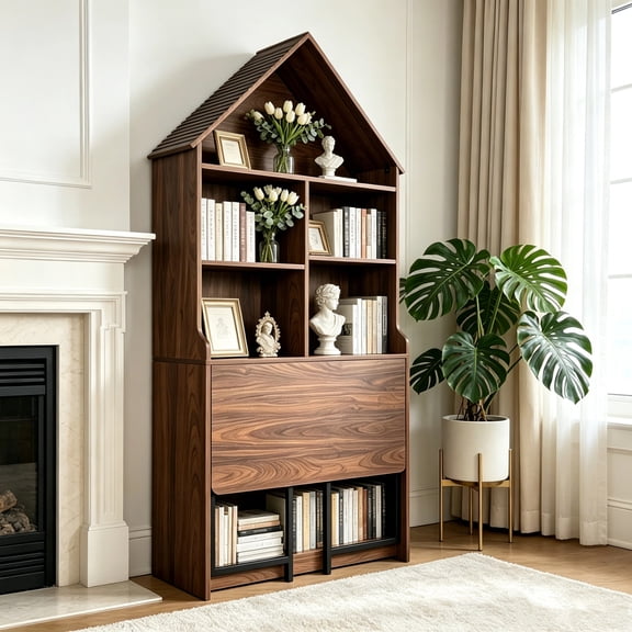 Leumius Folding Craft Desk with Storage Shelves, Convertible Hideaway Desk to Bookshelf, Foldable Desk with Storage, Disappearing Desk for Living Room Home Office Walnut