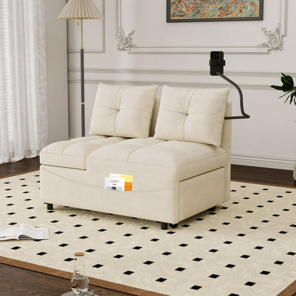 Leumius Folding Sofa Bed, 3 Lengths Available, Modern Sofa Velvet Pull-Out Bed, Loveseat with Adjustable Backrest, USB Port and Rotating Phone Holder, Beige.