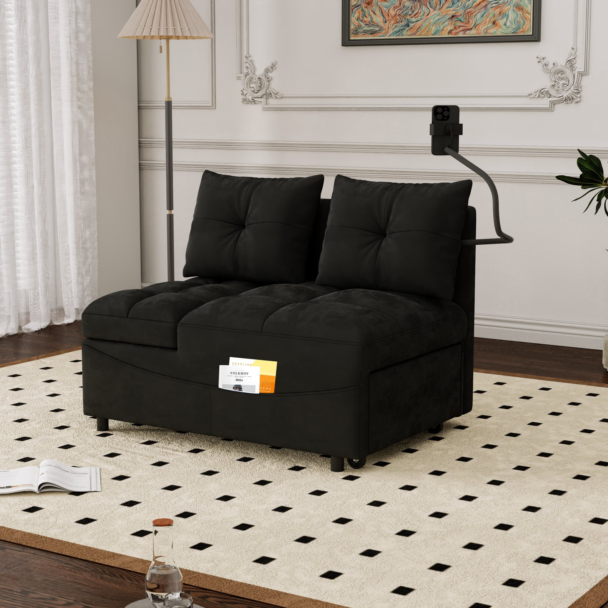 Leumius Folding Sofa Bed, 3 Lengths Available, Modern Sofa Velvet Pull-Out Bed, Loveseat with Adjustable Backrest, USB Port and Rotating Phone Holder, Black.