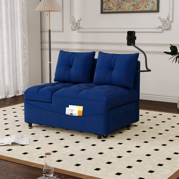 Leumius Folding Sofa Bed, 3 Lengths Available, Modern Sofa Velvet Pull-Out Bed, Loveseat with Adjustable Backrest, USB Port and Rotating Phone Holder, Blue.