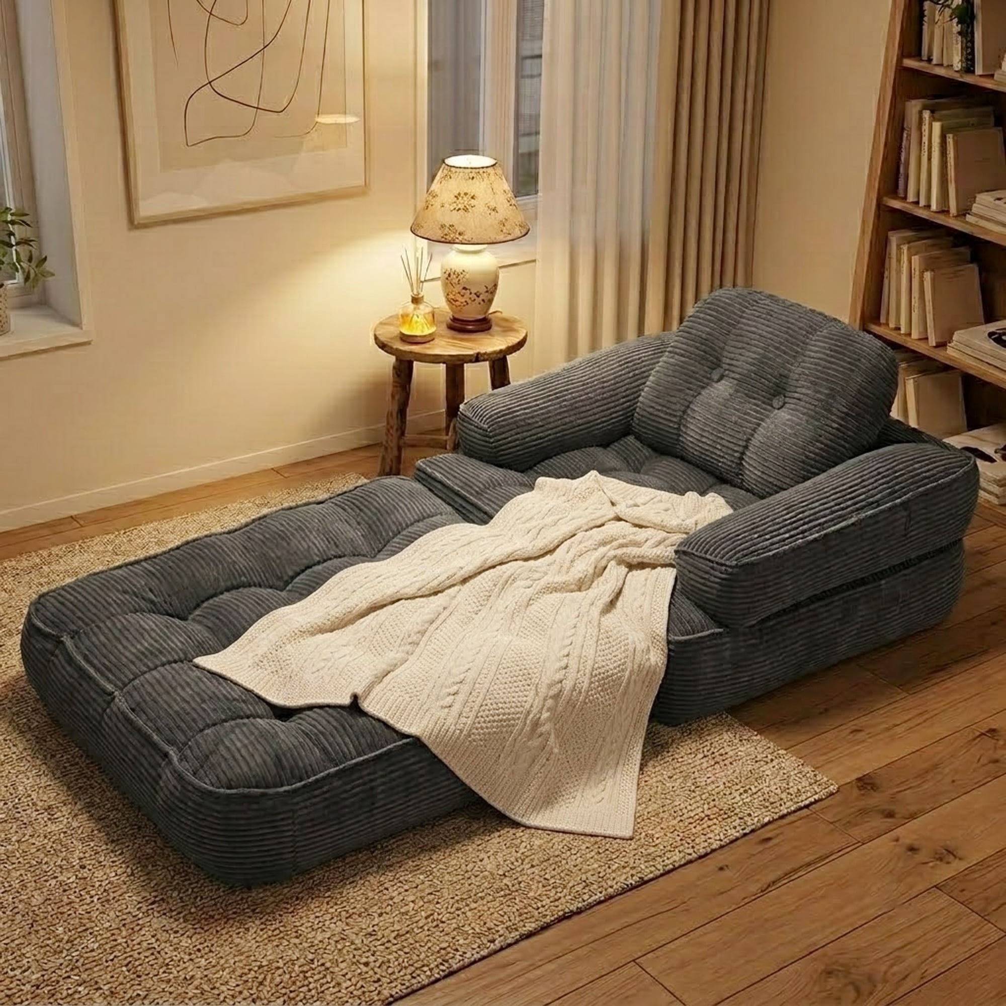 Leumius Folding Sofa Bed, Convertible Sofa Bed with Armrest, Corduroy Boneless Foldable Bed, 2-in-1 Portable Sofa Bed with Pillows for Bedroom, Living Room, Homestay, Game Room Dark Gray