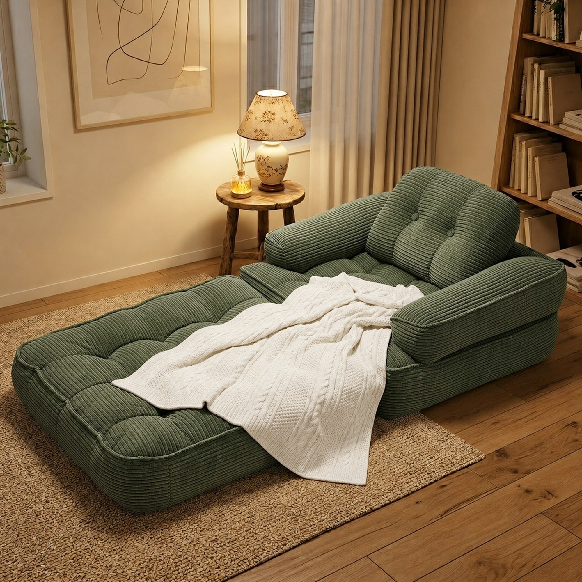 Leumius Folding Sofa Bed, Convertible Sofa Bed with Armrest, Corduroy Boneless Foldable Bed, 2-in-1 Portable Sofa Bed with Pillows for Bedroom, Living Room, Homestay, Game Room Dark Green