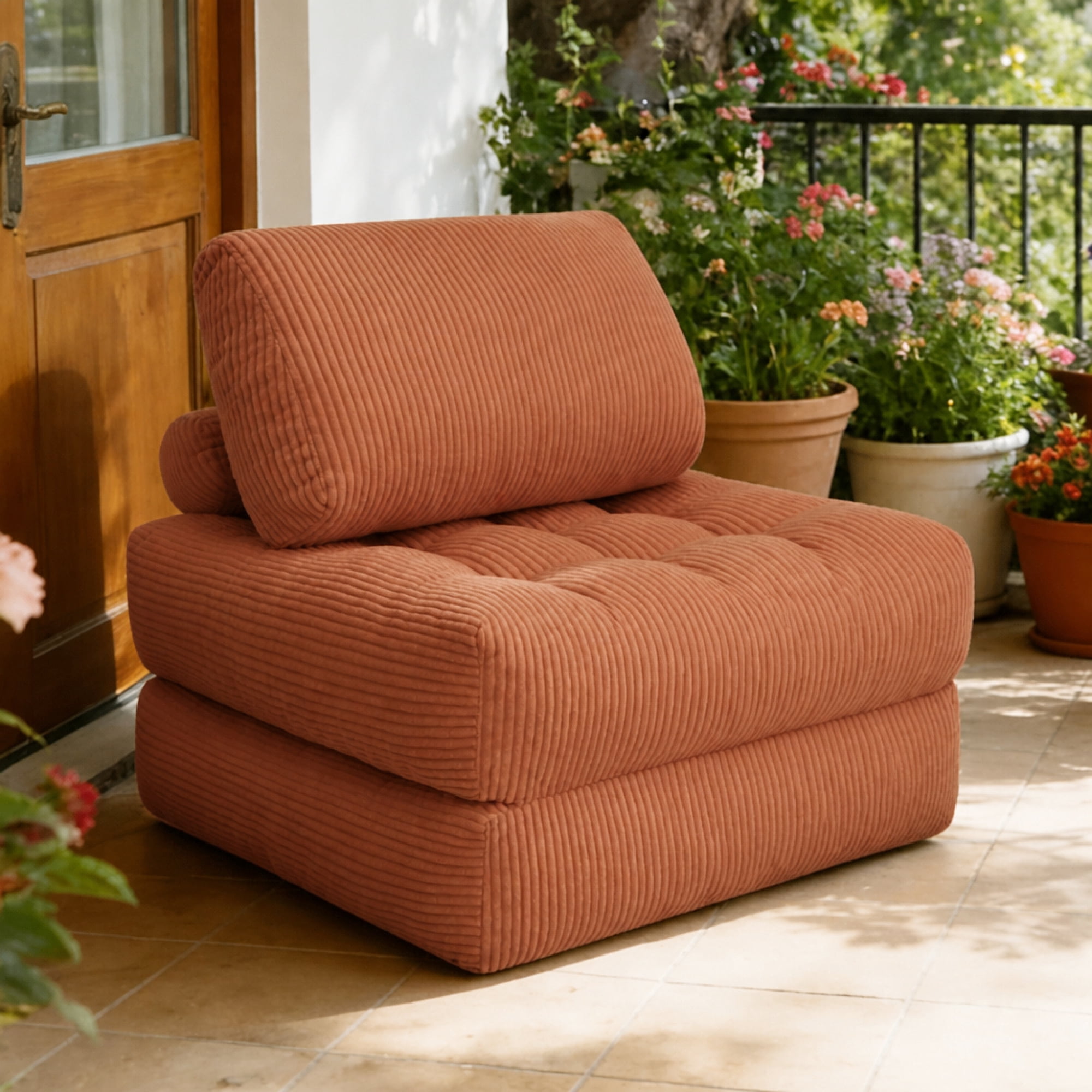 Leumius Folding Sofa Bed,Corduroy Fabric Convertible Sleeper Sofa Chair with Back Support and Pillow,Boneless Foldable Mattress Futon Chair Bed Floor Sofa for Living Room Bedroom,Orange