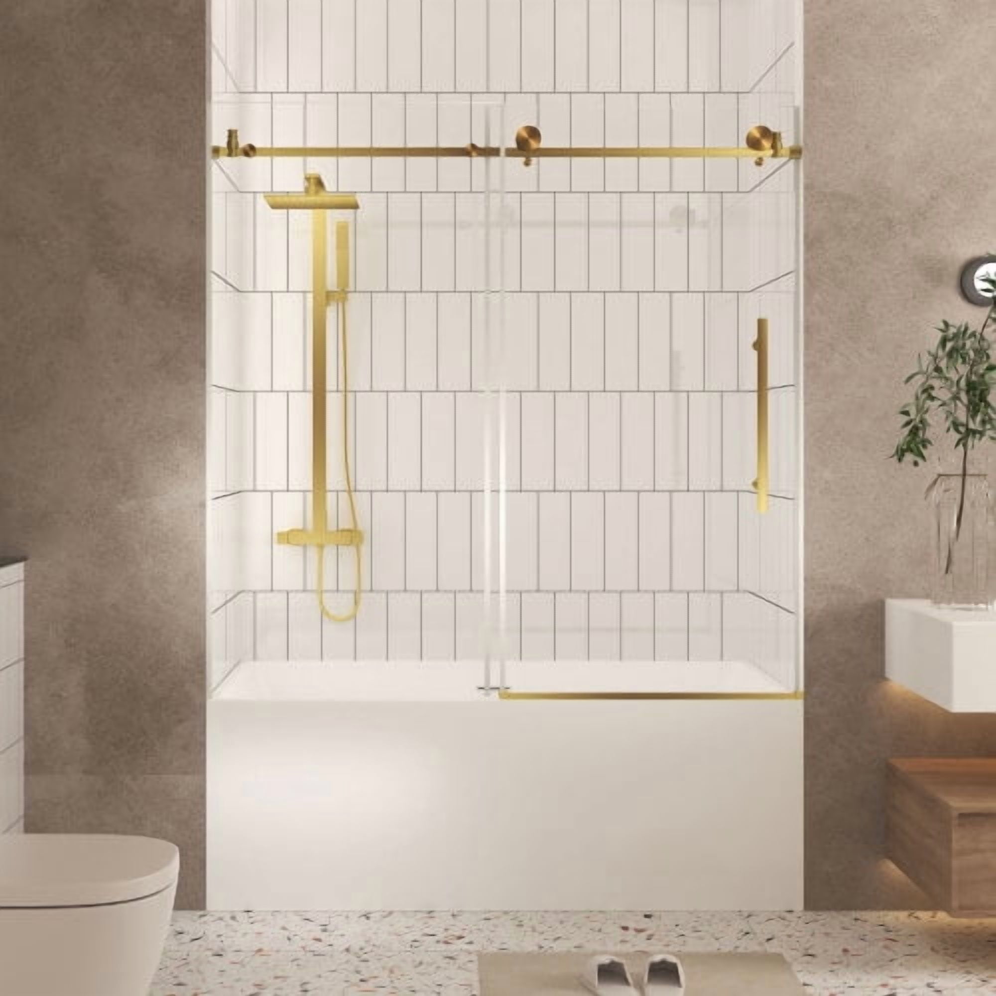 Leumius Frameless Sliding Shower Door,56-60"W x 60" H,1/4" Clear Tempered Glass,Stainless Steel Handle,Brushed Gold