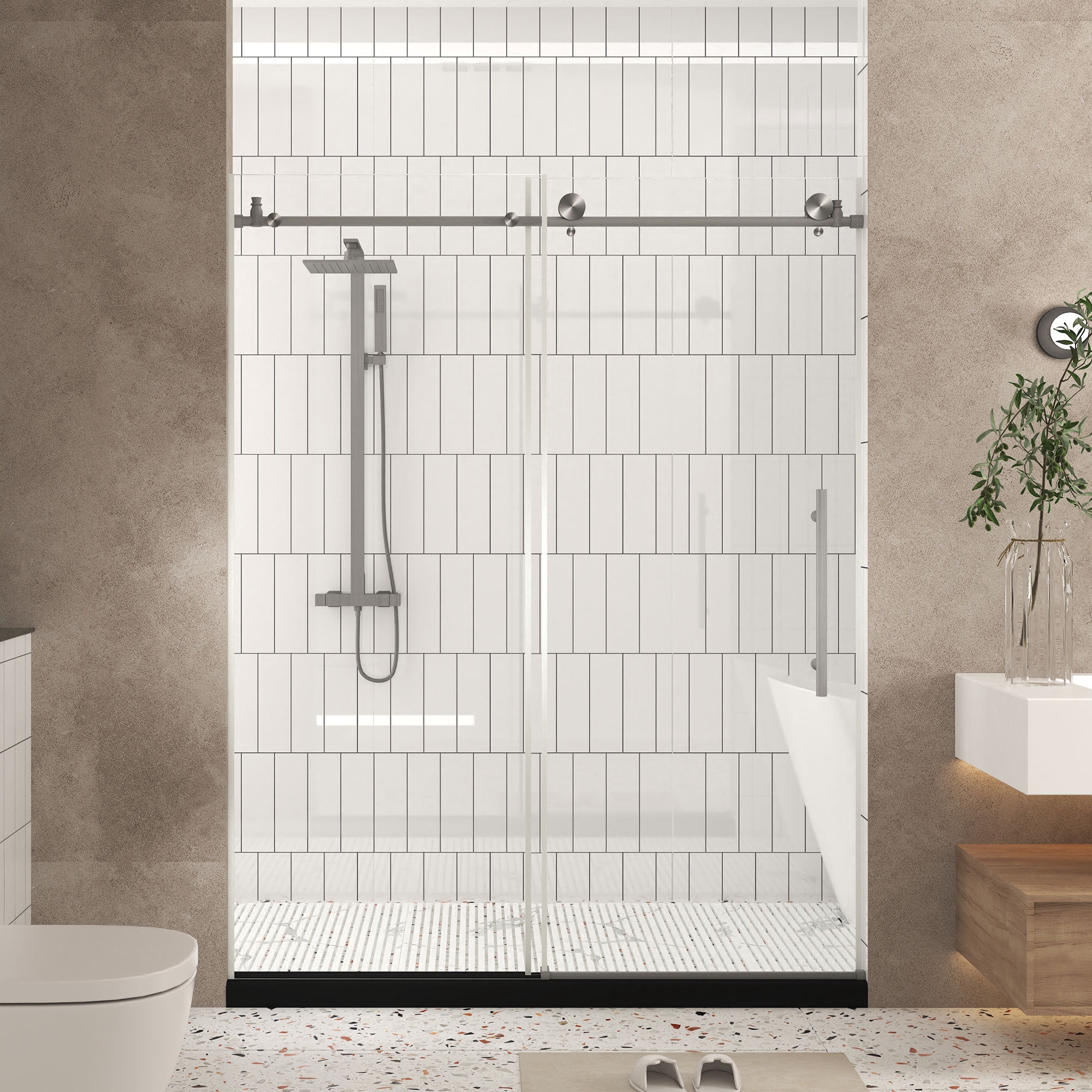 Leumius Frameless Sliding Shower Door,56-60"W x 76" H,1/4" Clear Tempered Glass,Stainless Steel Handle,Brushed Nickel
